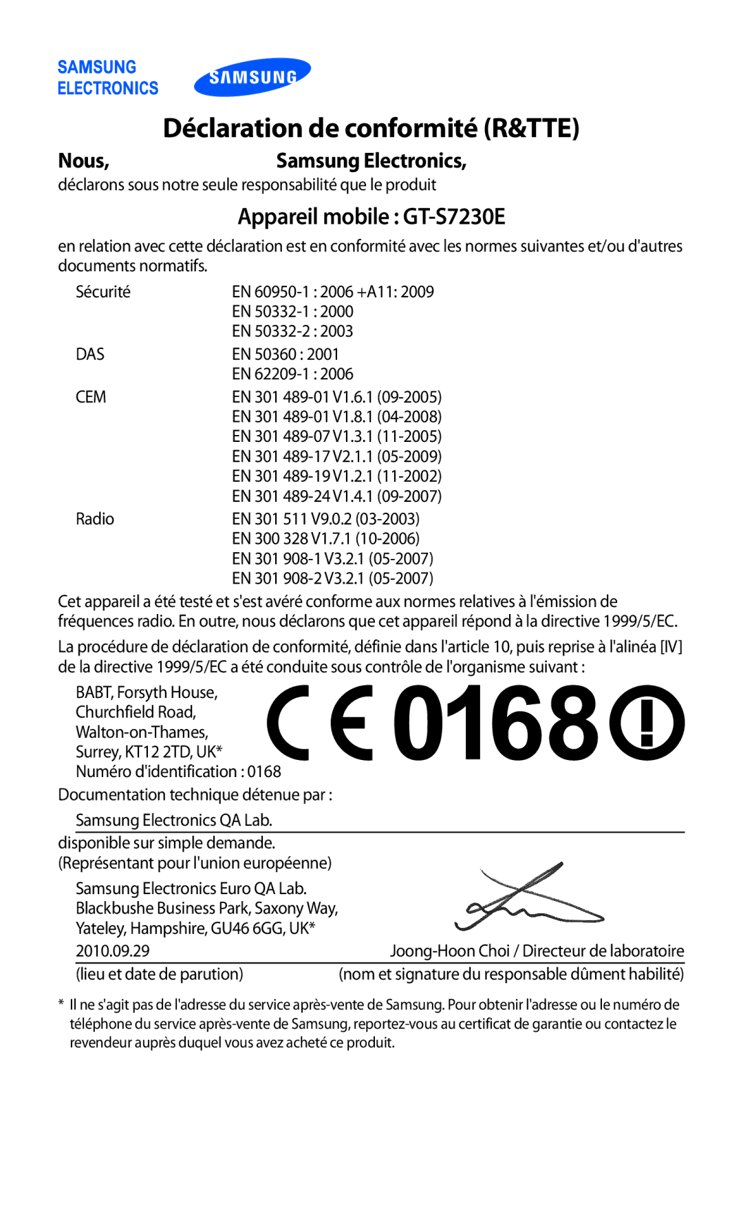 Samsung GT-S7230DWEXEF, GT-S7230TAEBOG, GT-S7230DWEBOG manual Déclaration de conformité R&TTE, Appareil mobile GT-S7230E 