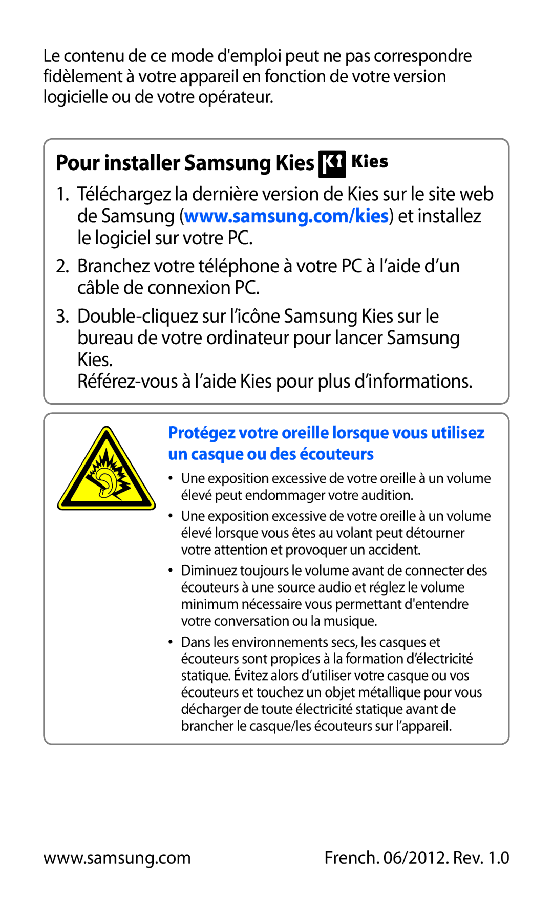 Samsung GT-S7230DWEBOG, GT-S7230TAEBOG, GT-S7230DWEXEF, GT-S7230TAENRJ, GT-S7230MKELPM manual Pour installer Samsung Kies 