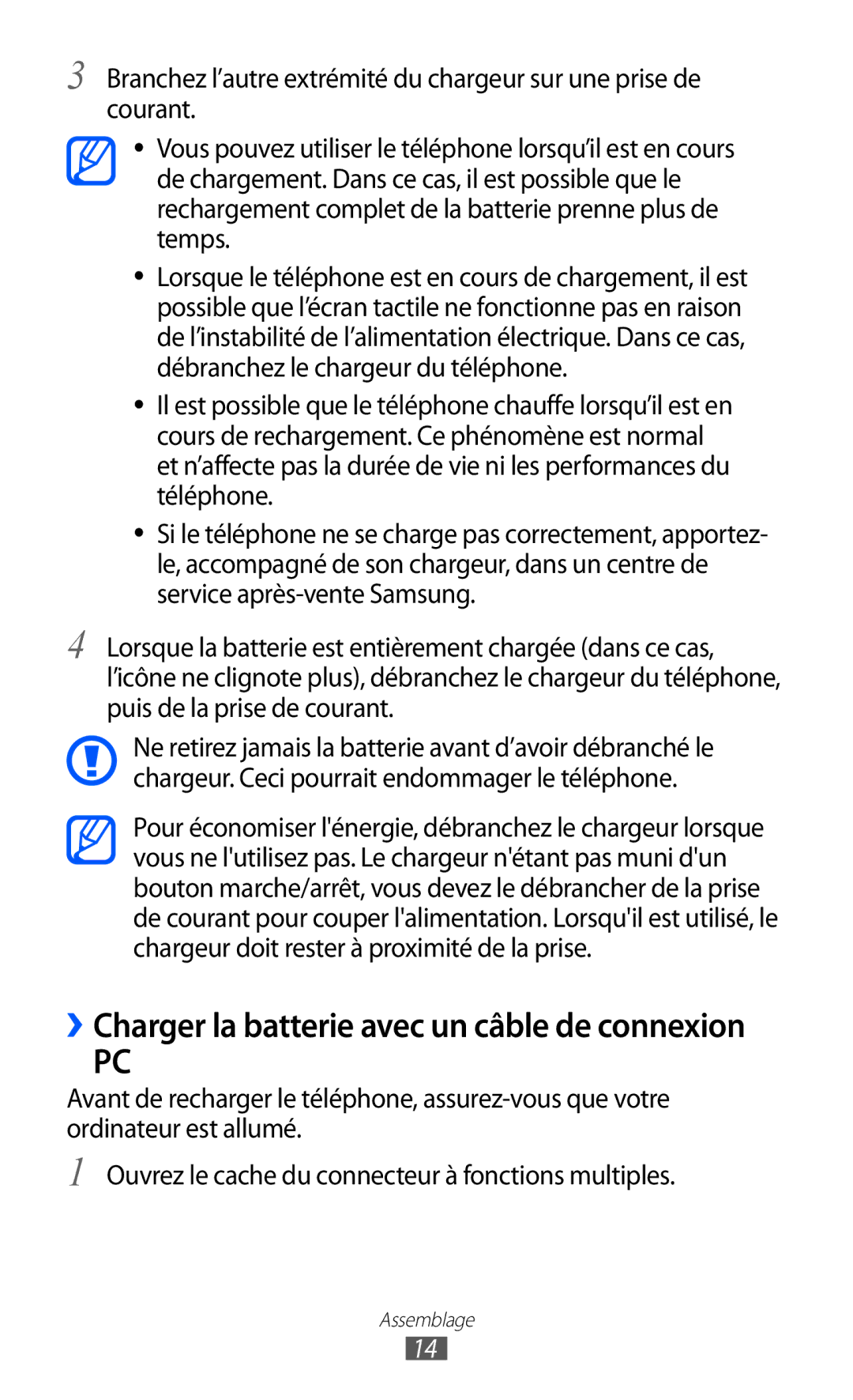 Samsung GT-S7230TAEFTM, GT-S7230TAEBOG, GT-S7230DWEXEF, GT-S7230DWEBOG manual ››Charger la batterie avec un câble de connexion 