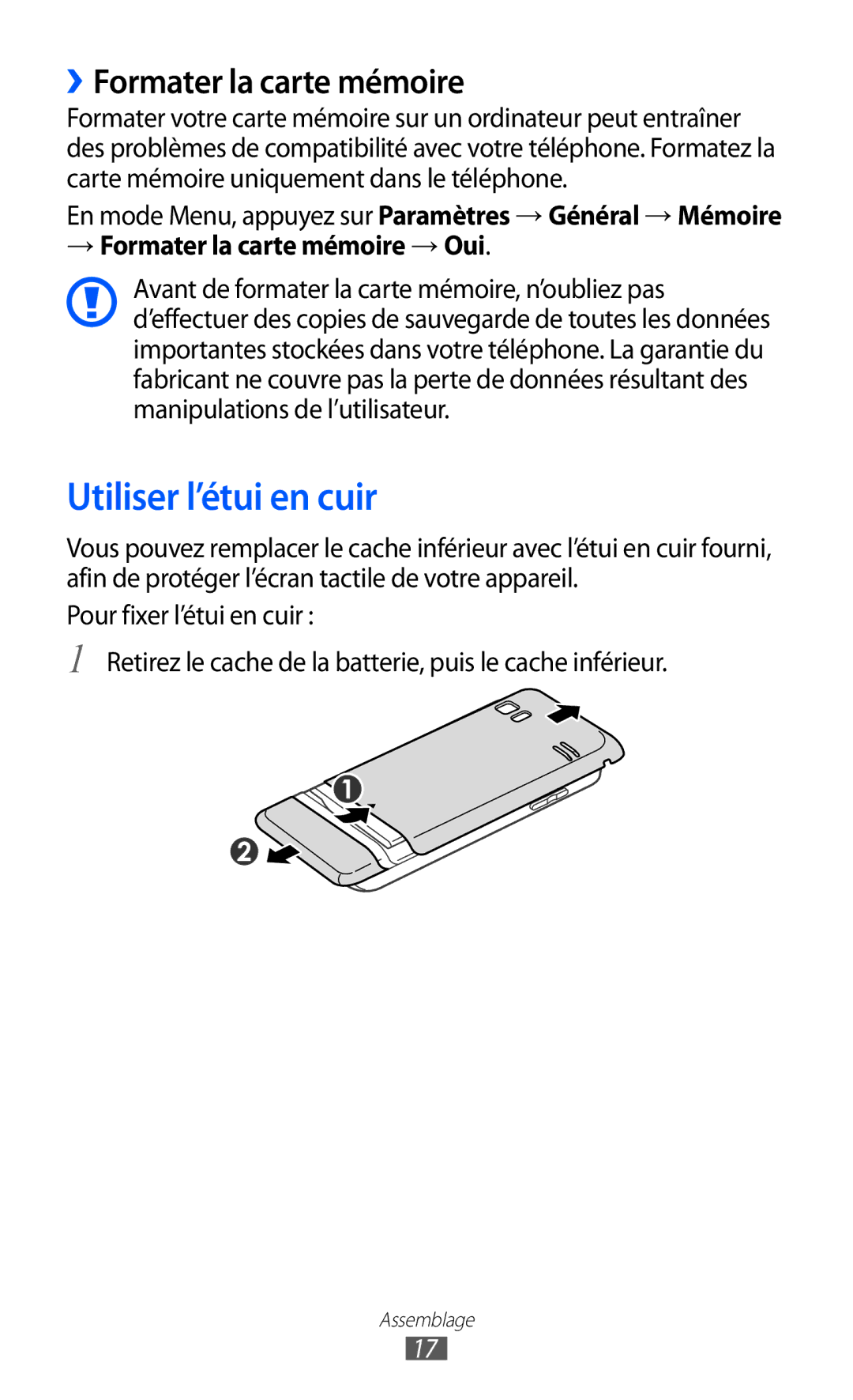 Samsung GT-S7230DWESFR manual Utiliser l’étui en cuir, ››Formater la carte mémoire, → Formater la carte mémoire → Oui 