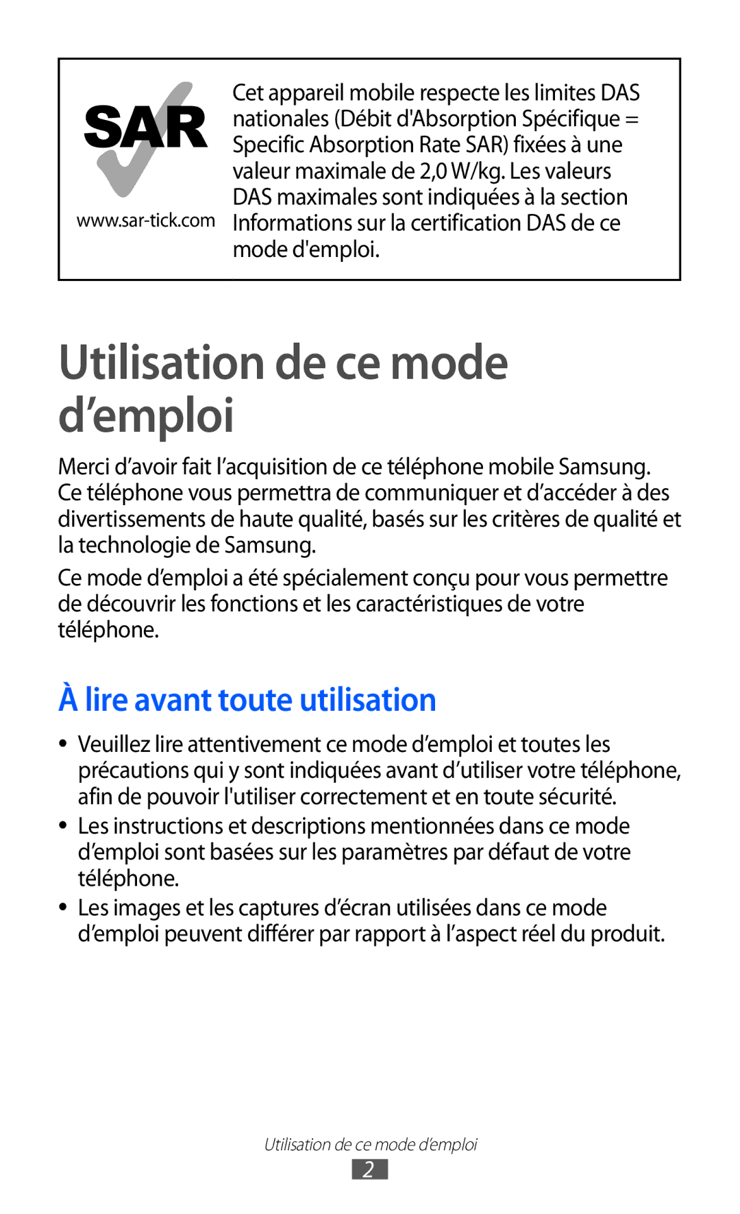 Samsung GT-S7230DWEBOG, GT-S7230TAEBOG, GT-S7230DWEXEF manual Utilisation de ce mode d’emploi, Lire avant toute utilisation 