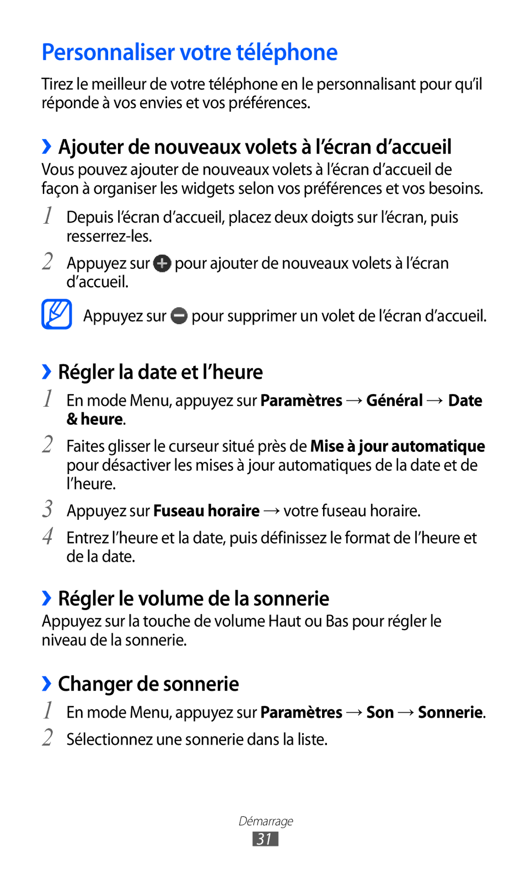 Samsung GT-S7230MKELPM manual Personnaliser votre téléphone, ››Régler la date et l’heure, ››Régler le volume de la sonnerie 