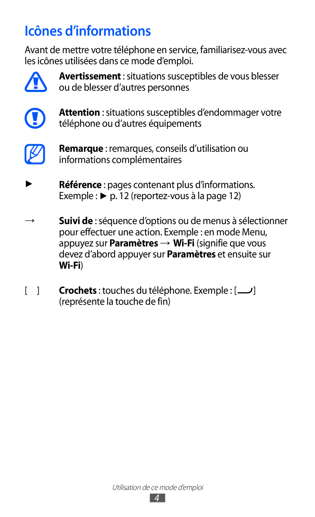 Samsung GT-S7230MKELPM, GT-S7230TAEBOG, GT-S7230DWEXEF, GT-S7230DWEBOG Icônes d’informations, Représente la touche de fin 