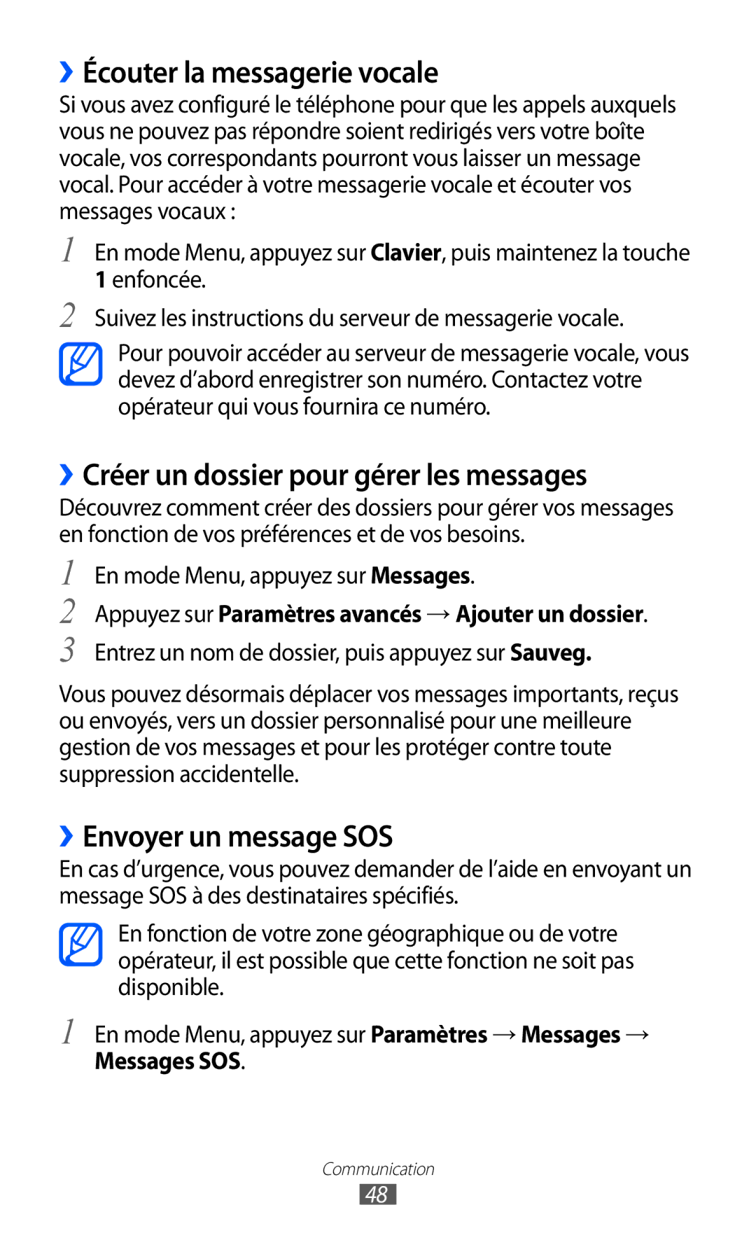 Samsung GT-S7230TAAXEF manual ››Écouter la messagerie vocale, ››Créer un dossier pour gérer les messages, Messages SOS 