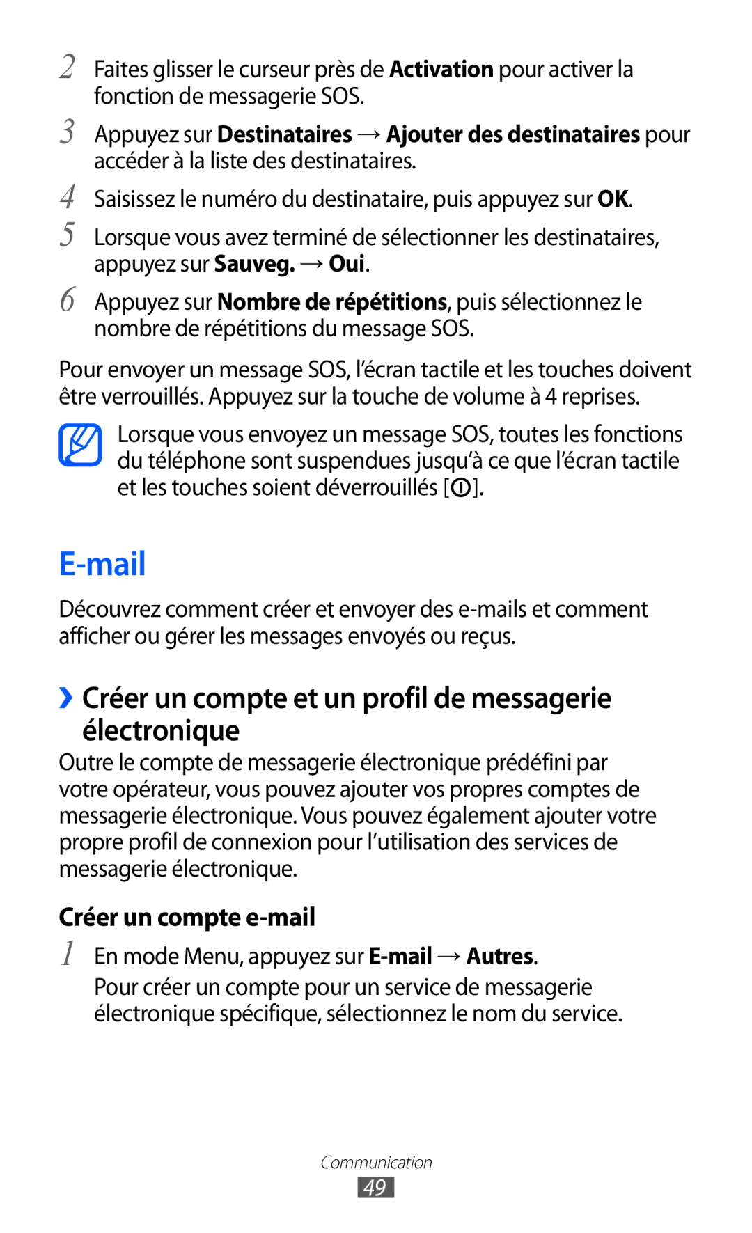 Samsung GT-S7230RIESFR, GT-S7230TAEBOG, GT-S7230DWEXEF manual Mail, ››Créer un compte et un profil de messagerie électronique 