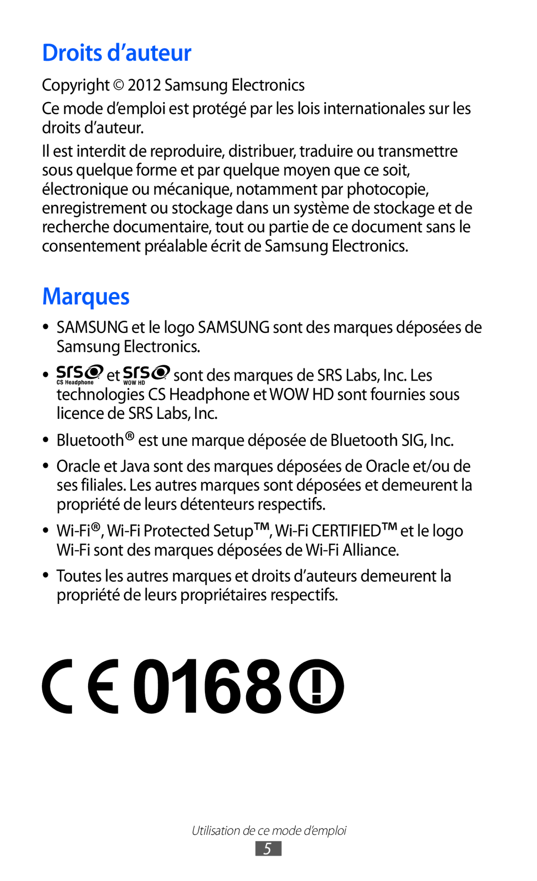 Samsung GT-S7230MKEFTM, GT-S7230TAEBOG, GT-S7230DWEXEF, GT-S7230DWEBOG, GT-S7230TAENRJ manual Droits d’auteur, Marques 