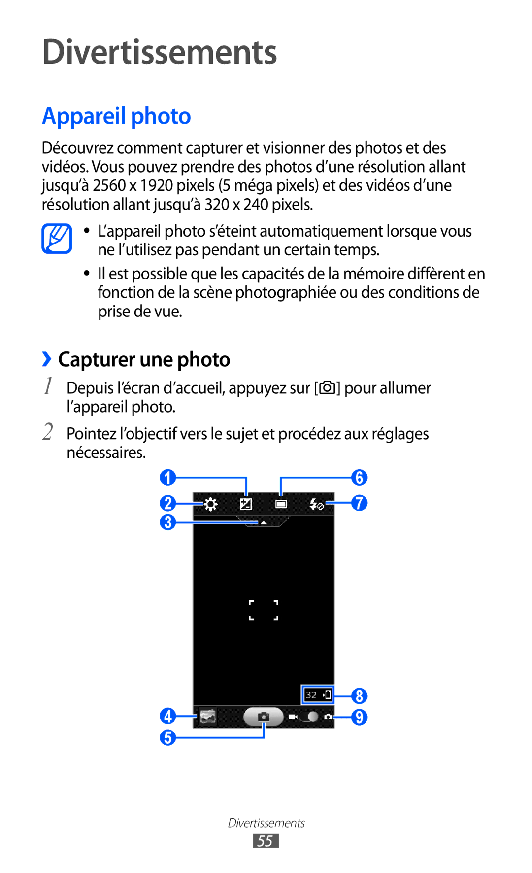 Samsung GT-S7230DWEXEF, GT-S7230TAEBOG, GT-S7230DWEBOG, GT-S7230TAENRJ Divertissements, Appareil photo, ››Capturer une photo 