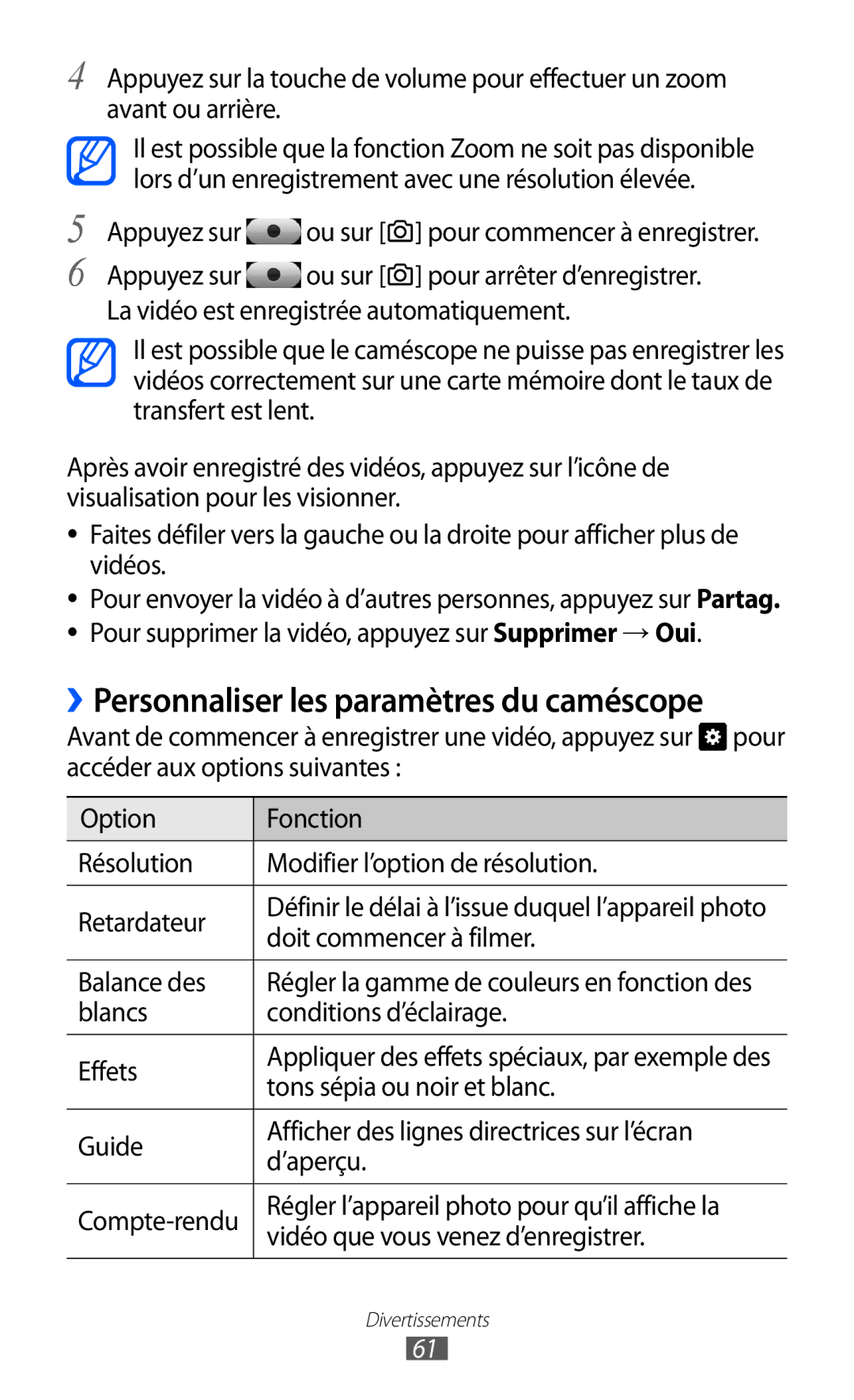 Samsung GT-S7230TAELPM manual ››Personnaliser les paramètres du caméscope, Appuyez sur ou sur pour commencer à enregistrer 