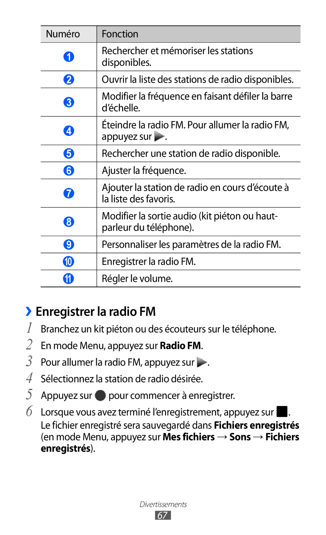 Samsung GT-S7230TAEVGF, GT-S7230TAEBOG, GT-S7230DWEXEF, GT-S7230DWEBOG, GT-S7230TAENRJ manual ››Enregistrer la radio FM 