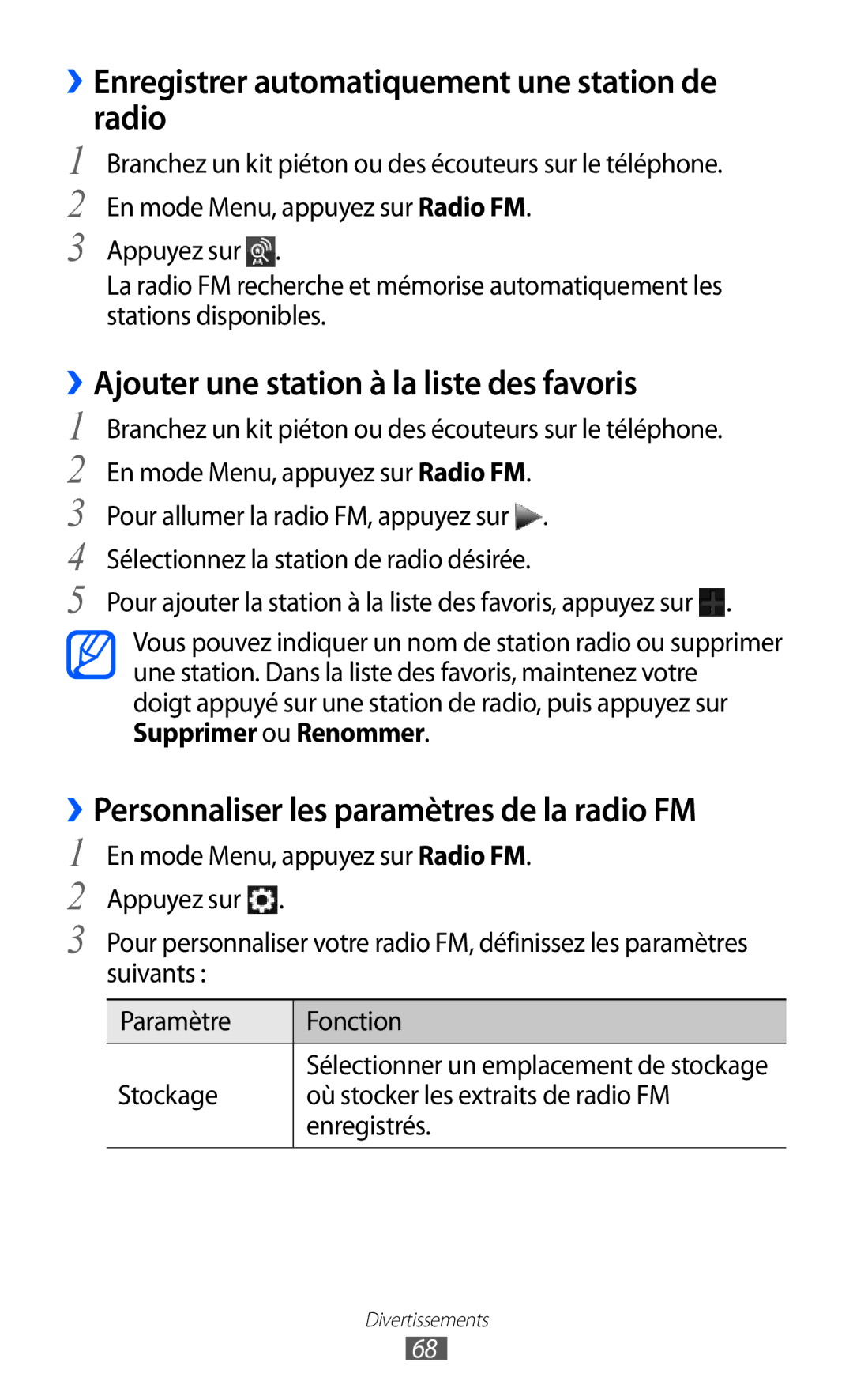 Samsung GT-S7230TAEFTM ››Enregistrer automatiquement une station de radio, ››Ajouter une station à la liste des favoris 