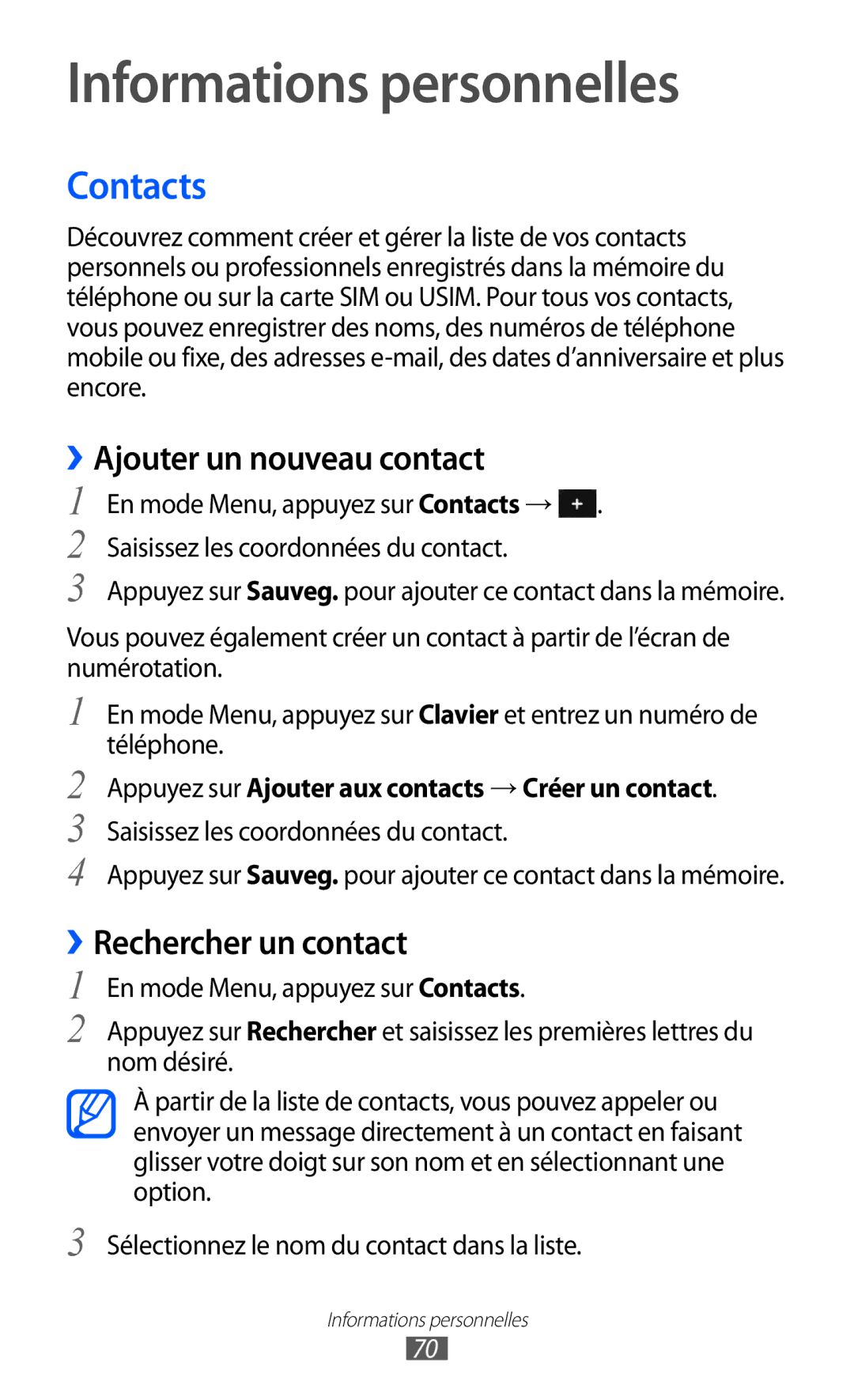 Samsung GT-S7230GRESFR manual Informations personnelles, Contacts, ››Ajouter un nouveau contact, ››Rechercher un contact 