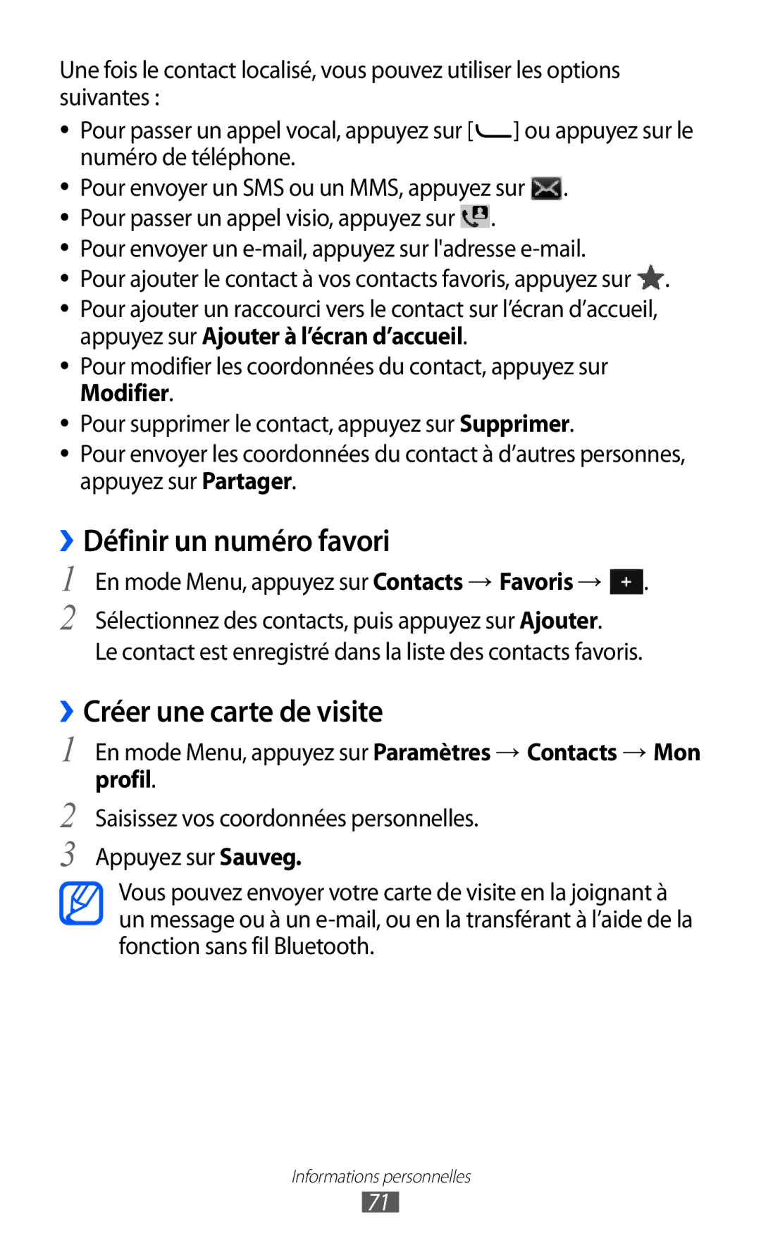 Samsung GT-S7230DWESFR, GT-S7230TAEBOG, GT-S7230DWEXEF manual ››Définir un numéro favori, ››Créer une carte de visite, Profil 