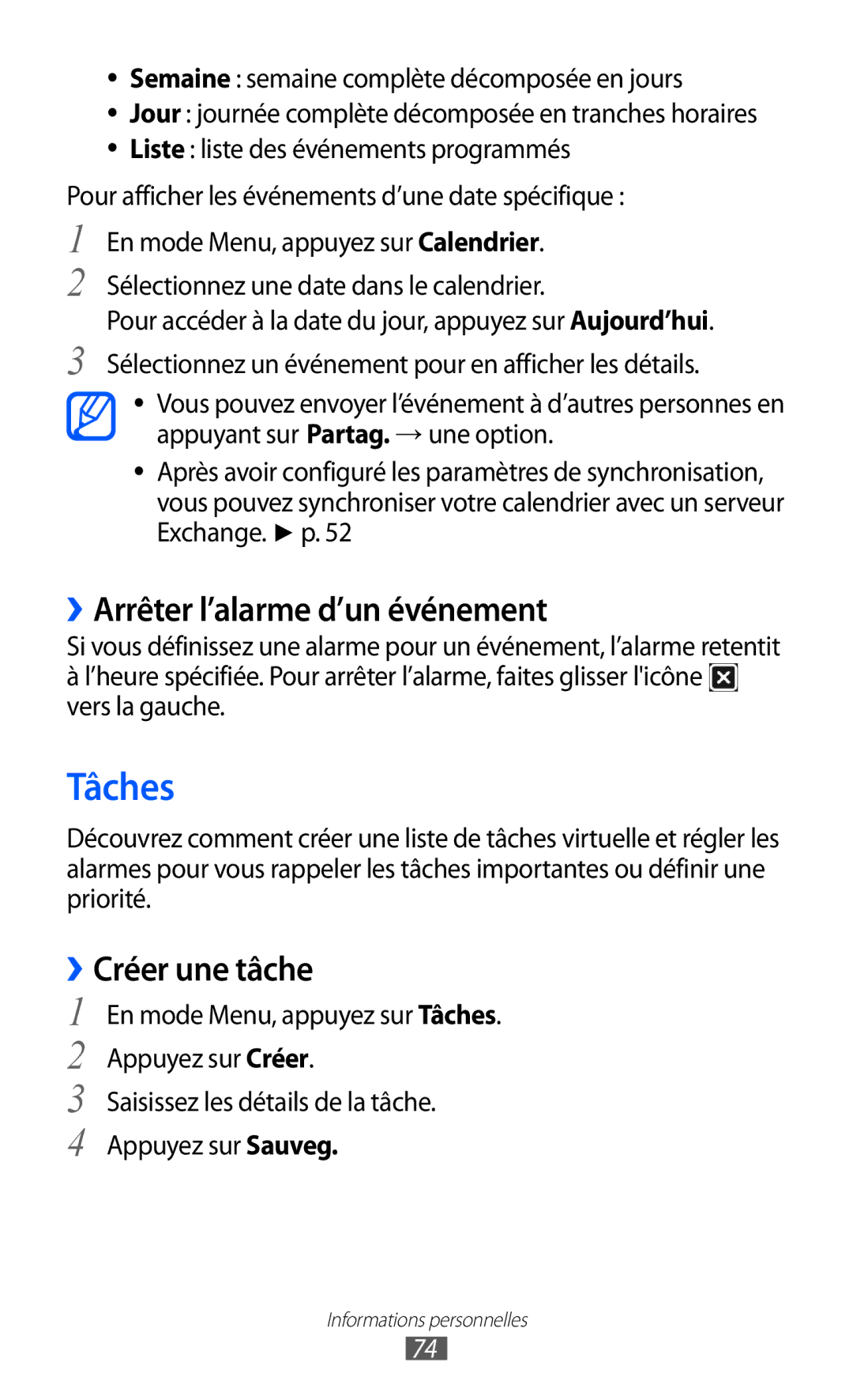 Samsung GT-S7230TAEXEF, GT-S7230TAEBOG, GT-S7230DWEXEF manual Tâches, ››Arrêter l’alarme d’un événement, ››Créer une tâche 