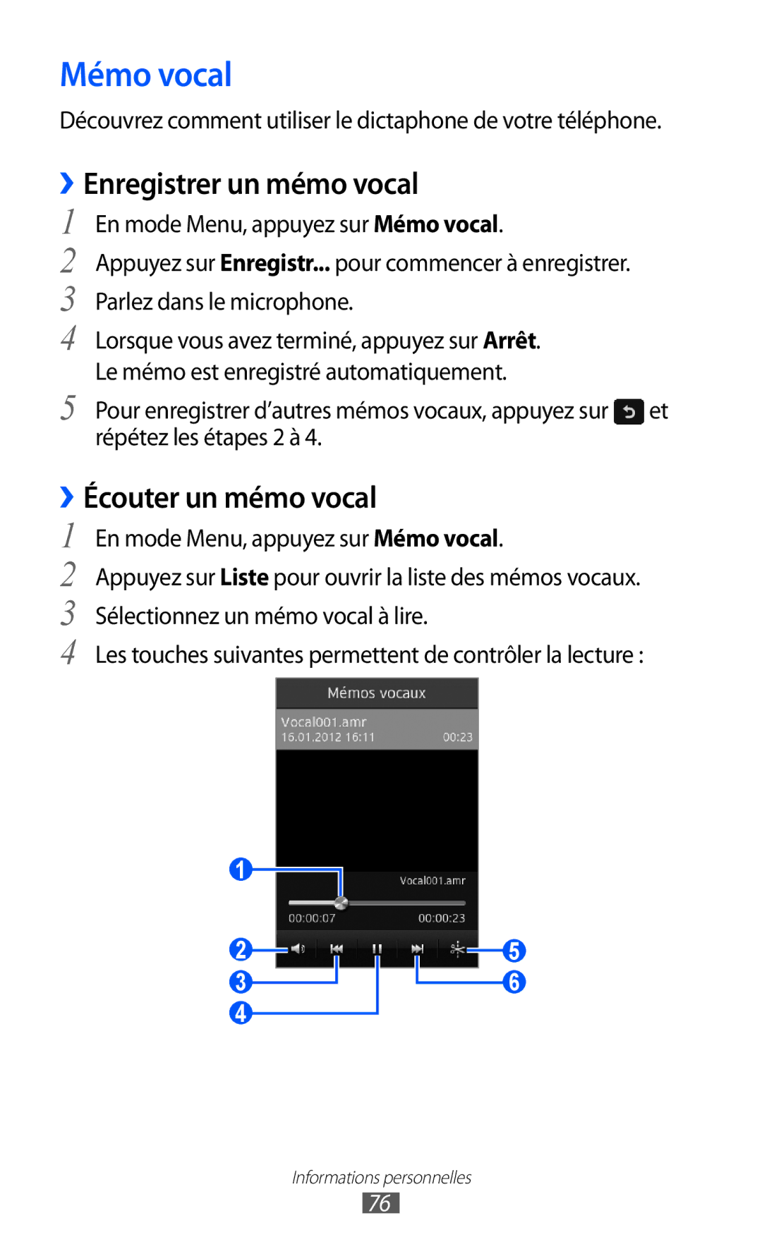 Samsung GT-S7230RIESFR, GT-S7230TAEBOG, GT-S7230DWEXEF manual Mémo vocal, Enregistrer un mémo vocal, ››Écouter un mémo vocal 