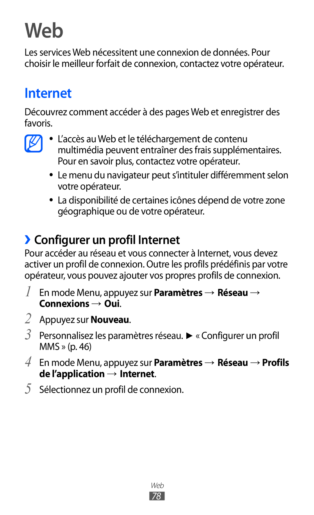 Samsung GT-S7230TAAFTM, GT-S7230TAEBOG, GT-S7230DWEXEF, GT-S7230DWEBOG manual Web, ››Configurer un profil Internet 