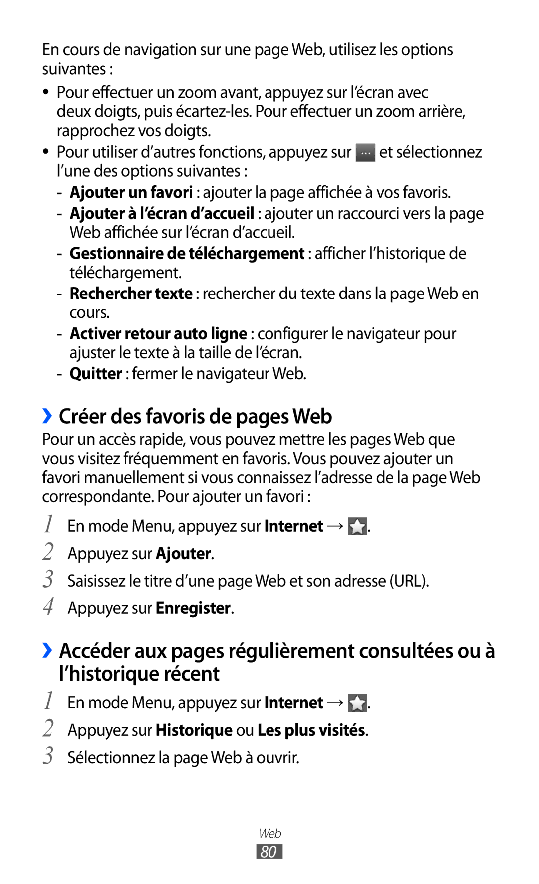 Samsung GT-S7230DWEFTM, GT-S7230TAEBOG manual ››Créer des favoris de pages Web, Appuyez sur Historique ou Les plus visités 