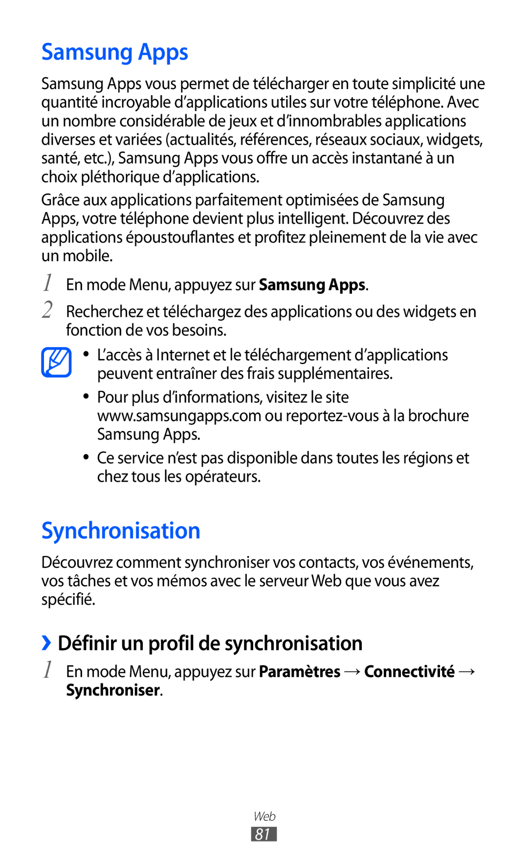 Samsung GT-S7230TAEBOG, GT-S7230DWEXEF manual Samsung Apps, Synchronisation, ››Définir un profil de synchronisation 