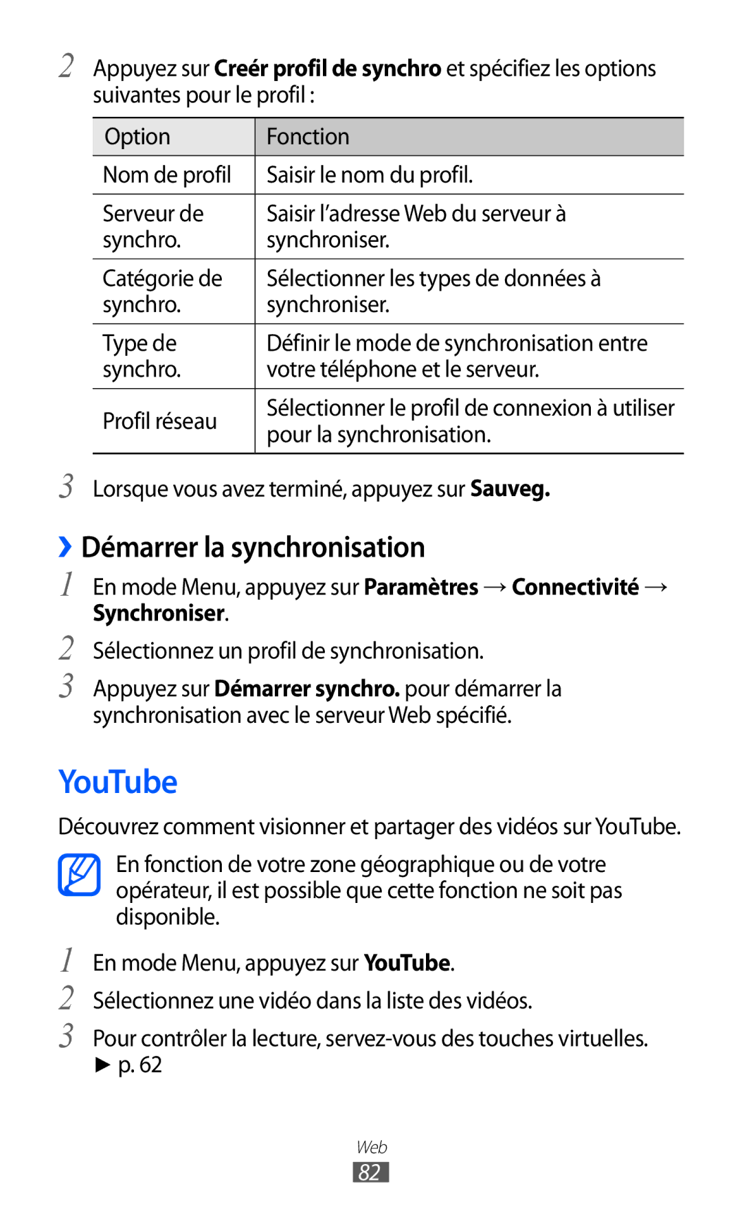 Samsung GT-S7230DWEXEF manual YouTube, ››Démarrer la synchronisation, Synchro Votre téléphone et le serveur Profil réseau 