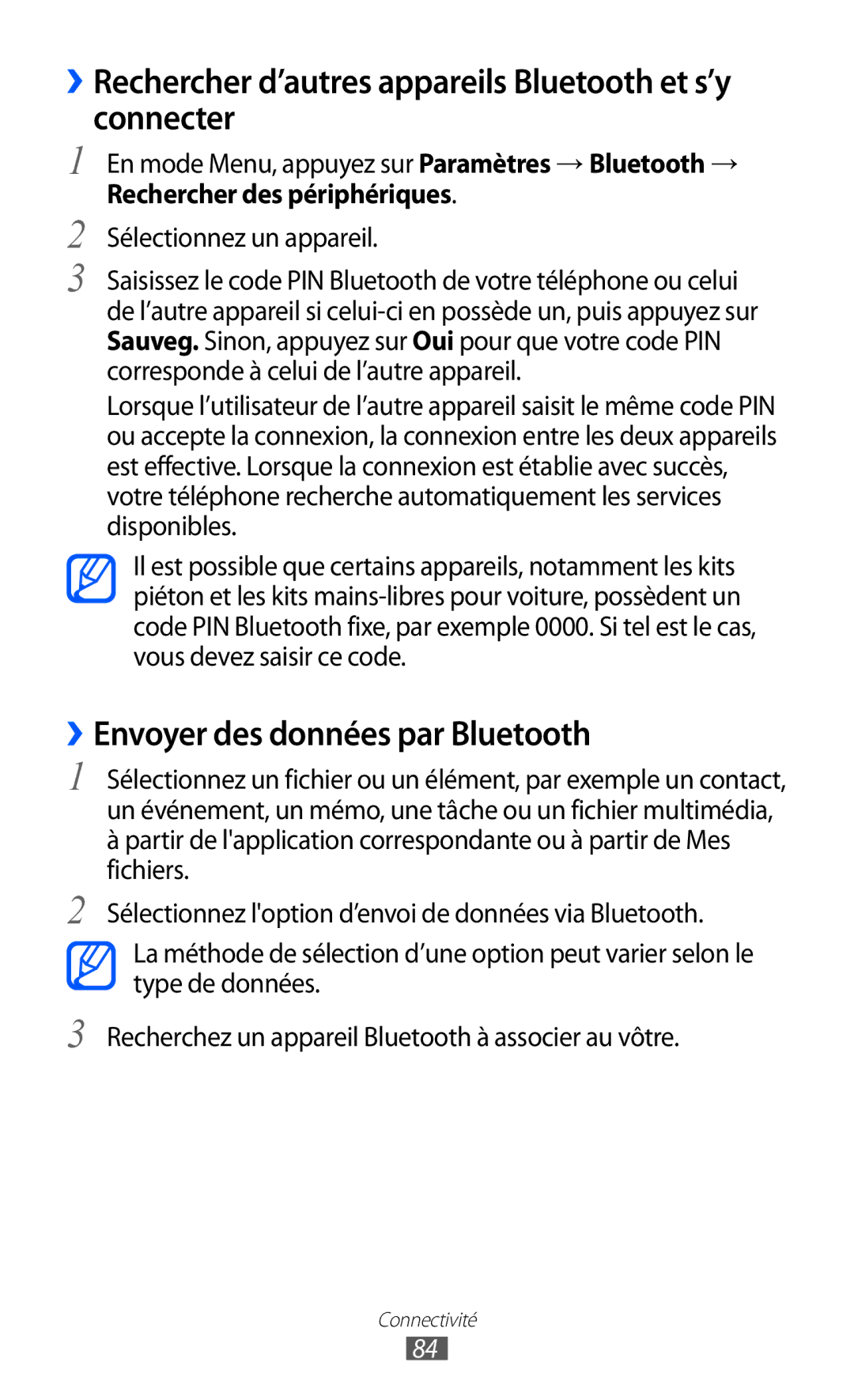 Samsung GT-S7230TAENRJ ››Rechercher d’autres appareils Bluetooth et s’y connecter, ››Envoyer des données par Bluetooth 