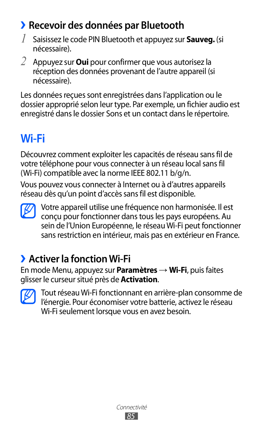 Samsung GT-S7230MKELPM, GT-S7230TAEBOG manual ››Recevoir des données par Bluetooth, ››Activer la fonction Wi-Fi 