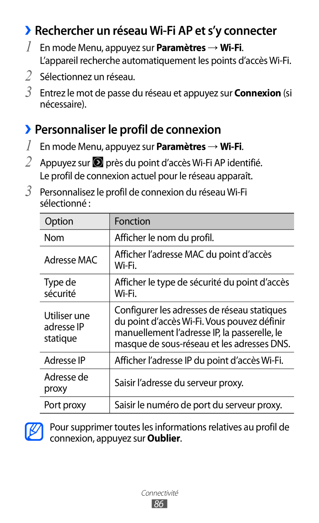 Samsung GT-S7230MKEFTM, GT-S7230TAEBOG, GT-S7230DWEXEF, GT-S7230DWEBOG, GT-S7230TAENRJ ››Personnaliser le profil de connexion 