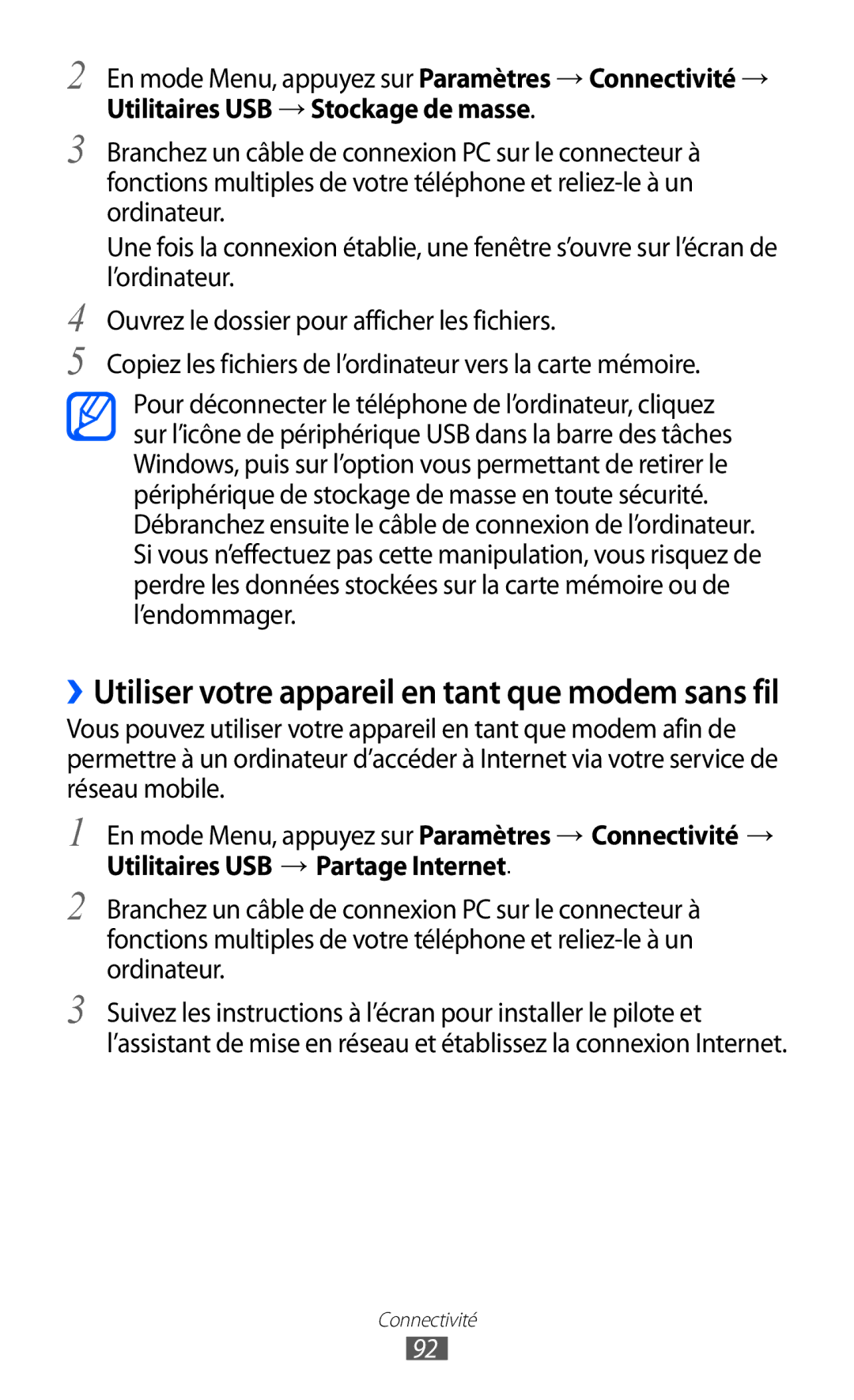 Samsung GT-S7230GRELPM, GT-S7230TAEBOG, GT-S7230DWEXEF, GT-S7230DWEBOG ››Utiliser votre appareil en tant que modem sans fil 