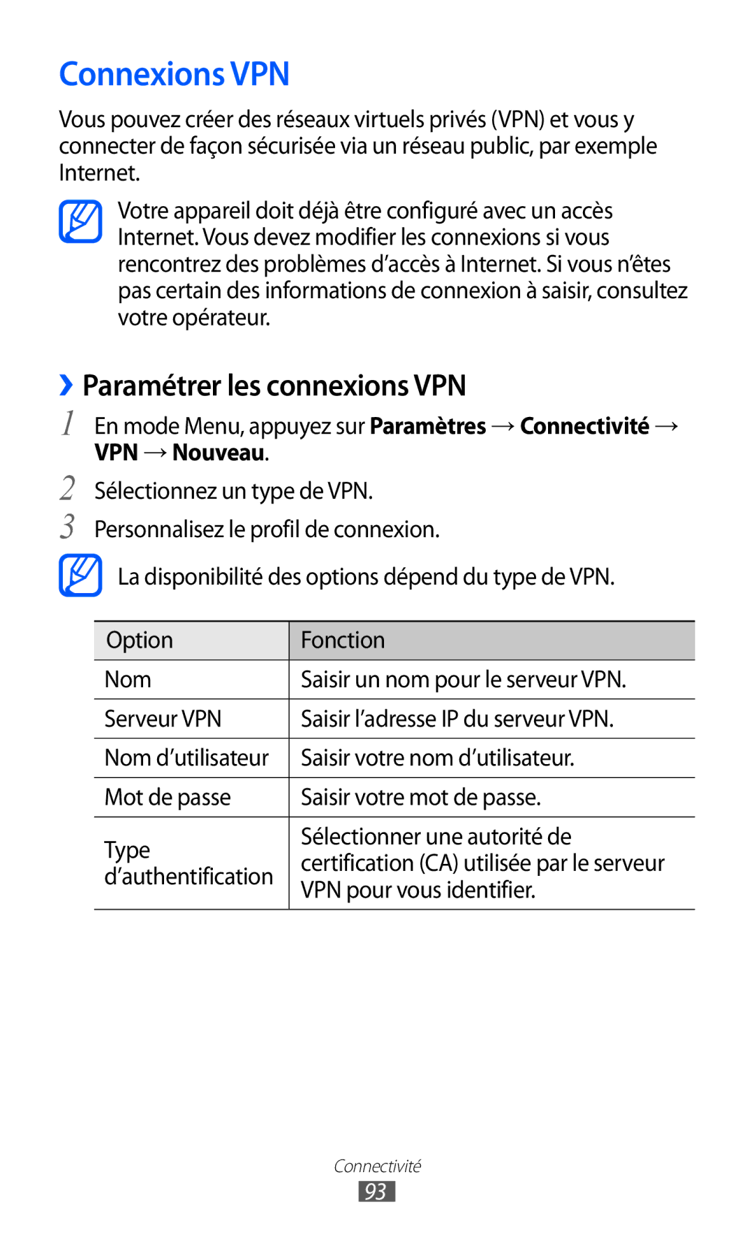 Samsung GT-S7230DWELPM, GT-S7230TAEBOG manual Connexions VPN, ››Paramétrer les connexions VPN, VPN pour vous identifier 