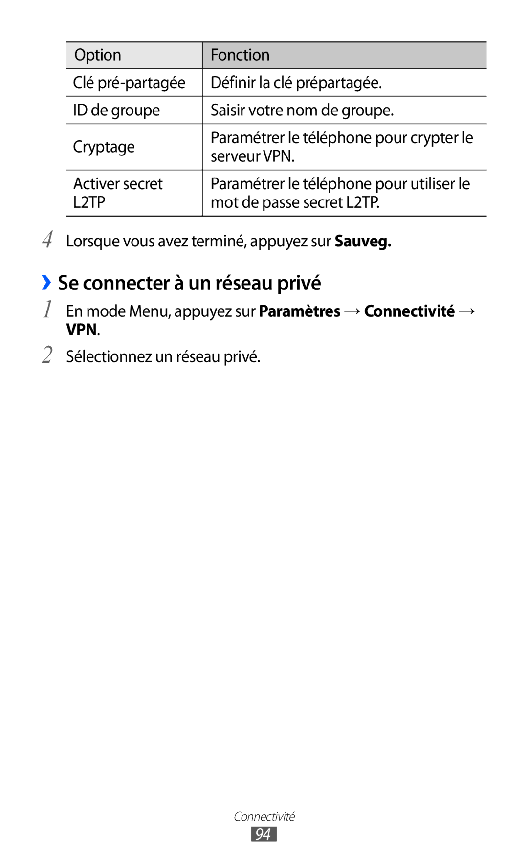 Samsung GT-S7230TAEVGF, GT-S7230TAEBOG manual ››Se connecter à un réseau privé, Activer secret, Mot de passe secret L2TP 