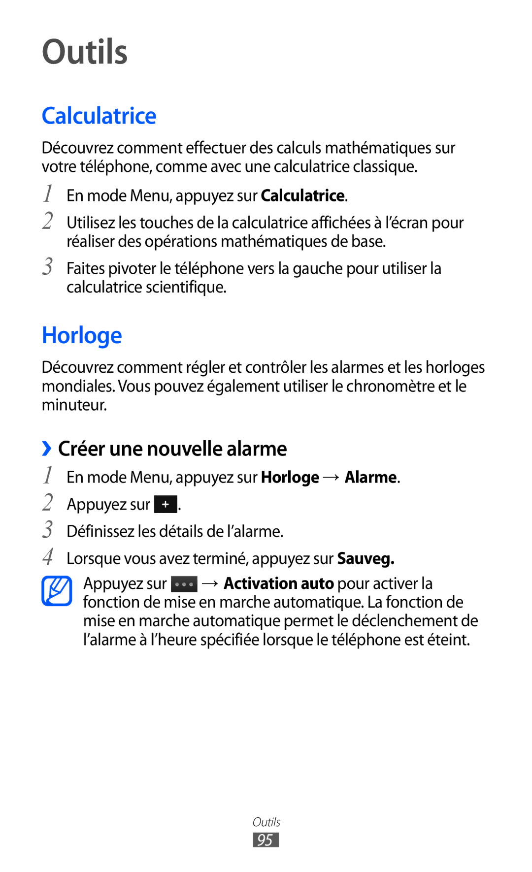 Samsung GT-S7230TAEFTM manual Outils, Horloge, ››Créer une nouvelle alarme, En mode Menu, appuyez sur Calculatrice 