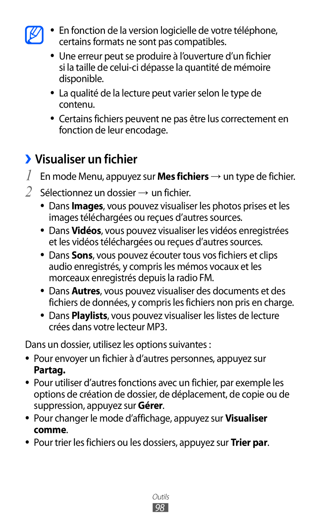 Samsung GT-S7230DWESFR, GT-S7230TAEBOG manual ››Visualiser un fichier, Sélectionnez un dossier → un fichier, Partag 