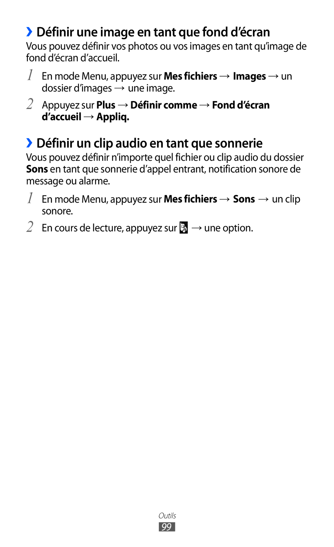 Samsung GT-S7230GREFTM manual ››Définir une image en tant que fond d’écran, ››Définir un clip audio en tant que sonnerie 