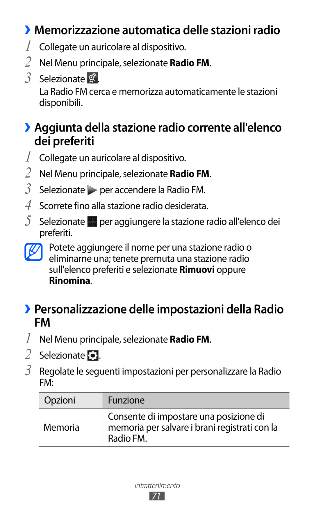 Samsung GT-S7230TAEWIN, GT-S7230TAEDTO, GT-S7230TAEITV manual ››Memorizzazione automatica delle stazioni radio, Radio FM 