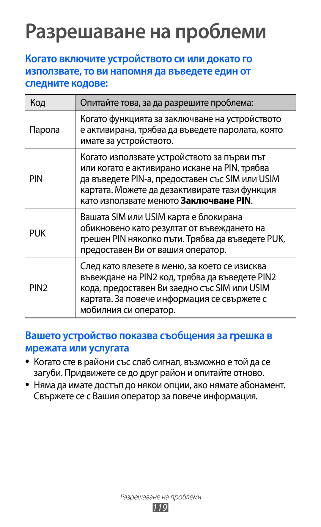 Samsung GT-S7230MKEGBL, GT-S7230TAEFTM, GT-S7230TAEMTL, GT-S7230TAECNX, GT-S7230TAAMTL manual Разрешаване на проблеми, 119 