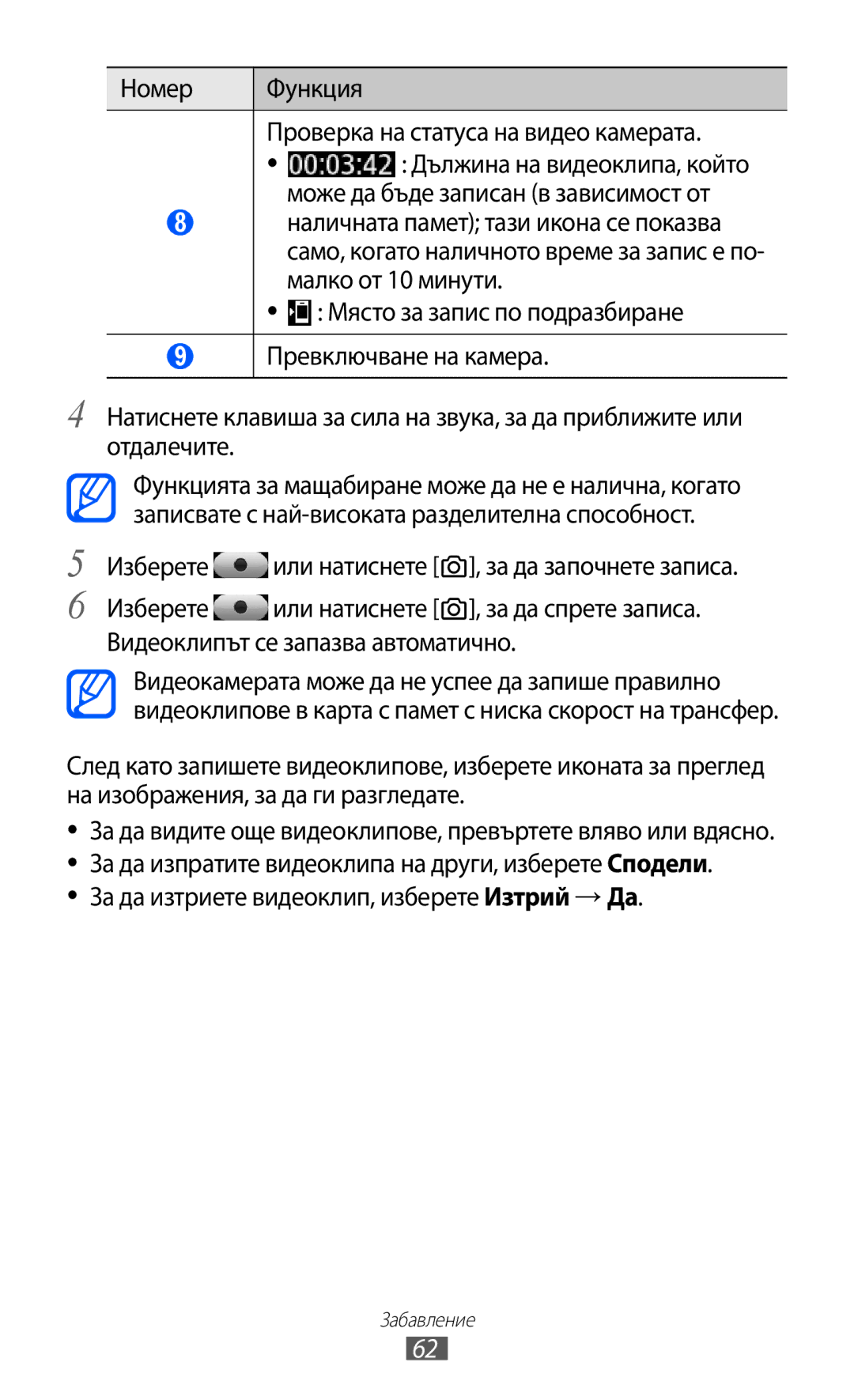 Samsung GT-S7230TAAGBL, GT-S7230TAEFTM, GT-S7230TAEMTL manual Изберете Или натиснете, Видеоклипът се запазва автоматично 