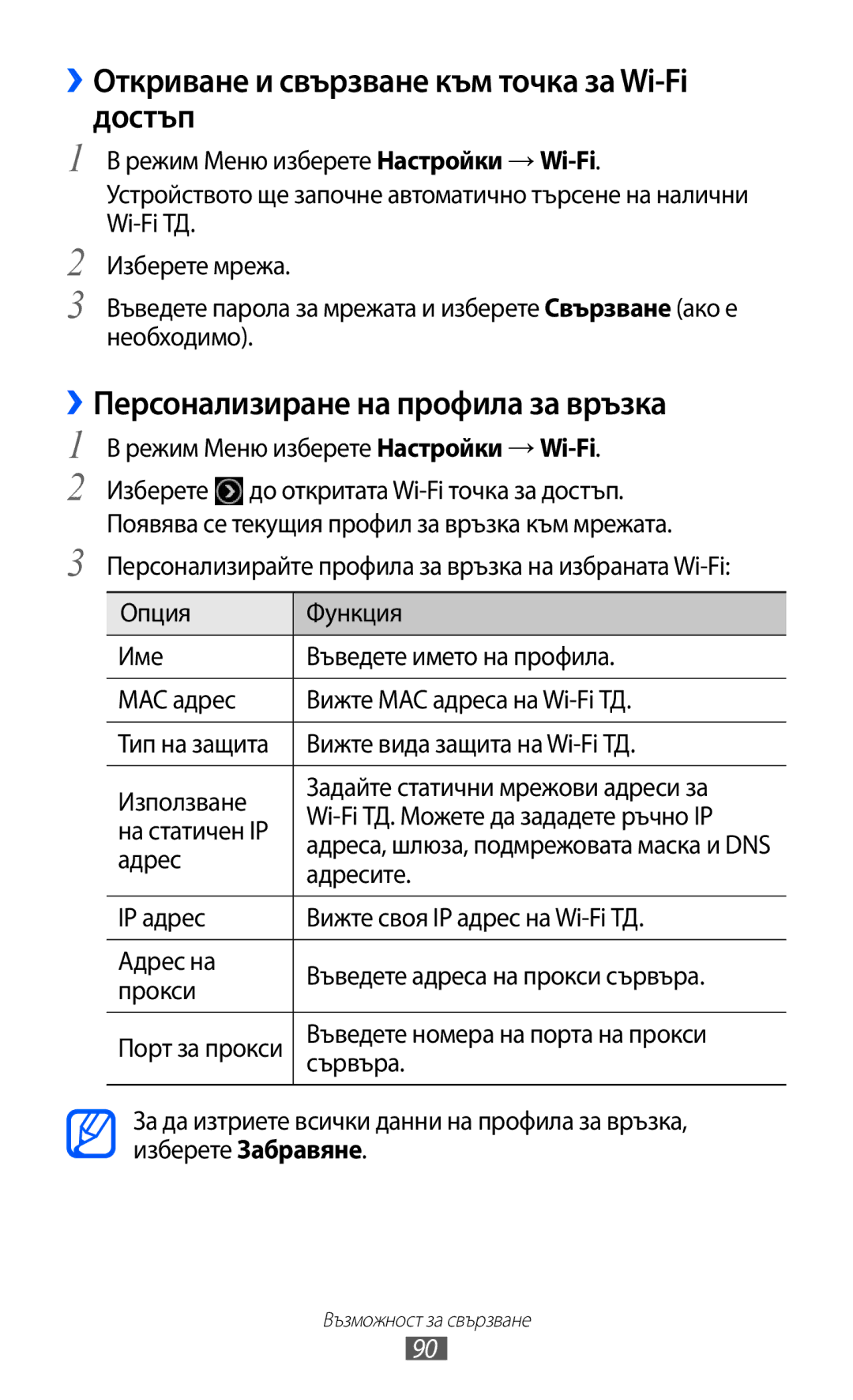 Samsung GT-S7230TAEFTM ››Откриване и свързване към точка за Wi-Fi достъп, ››Персонализиране на профила за връзка, Адресите 