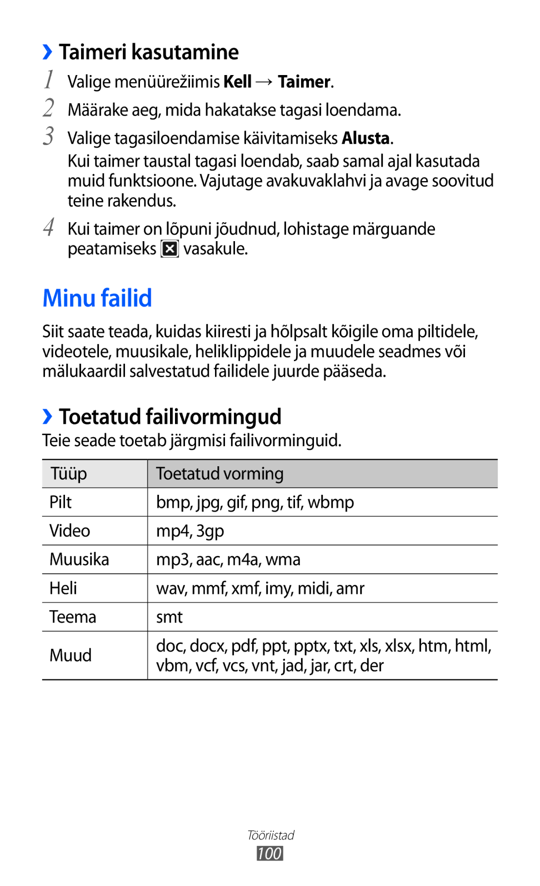 Samsung GT-S7230TAESEB, GT-S7230GRFSEB, GT-S7230GRESEB manual Minu failid, ››Taimeri kasutamine, ››Toetatud failivormingud 