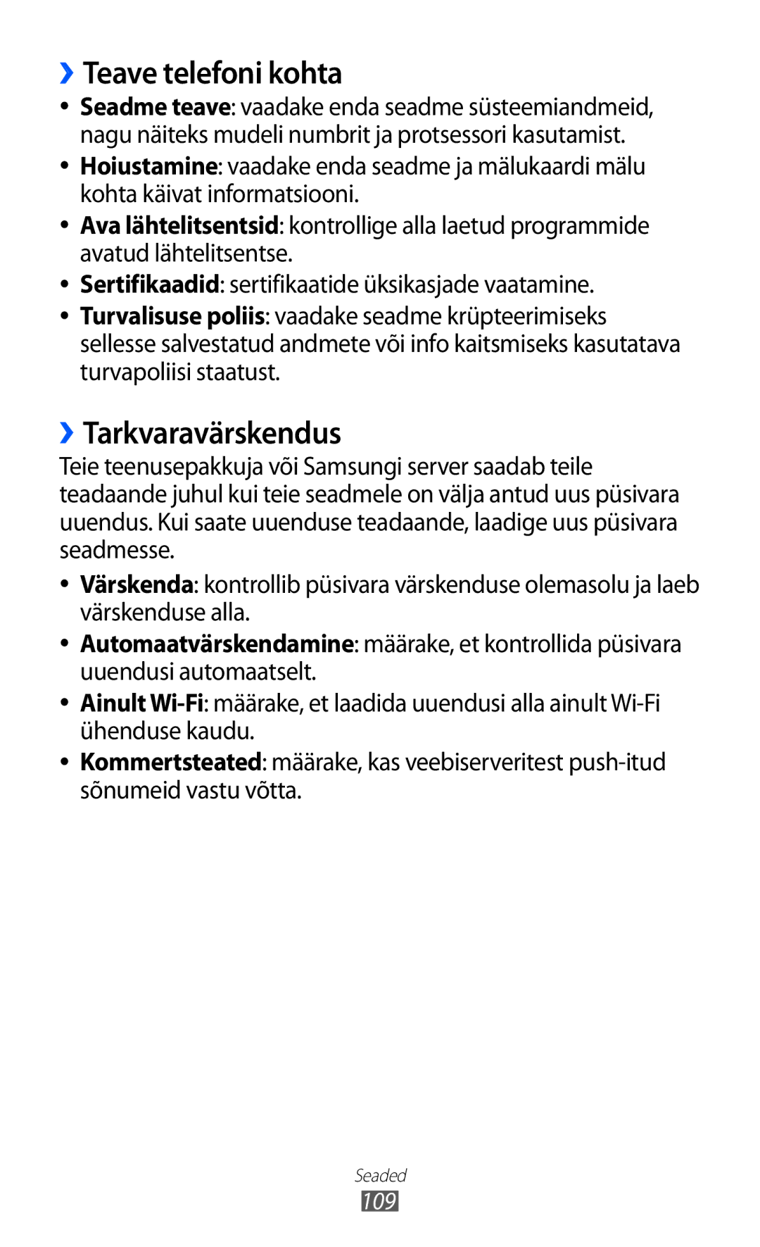 Samsung GT-S7230GRFSEB, GT-S7230TAESEB, GT-S7230GRESEB, GT-S7230DWESEB manual ››Teave telefoni kohta, ››Tarkvaravärskendus 