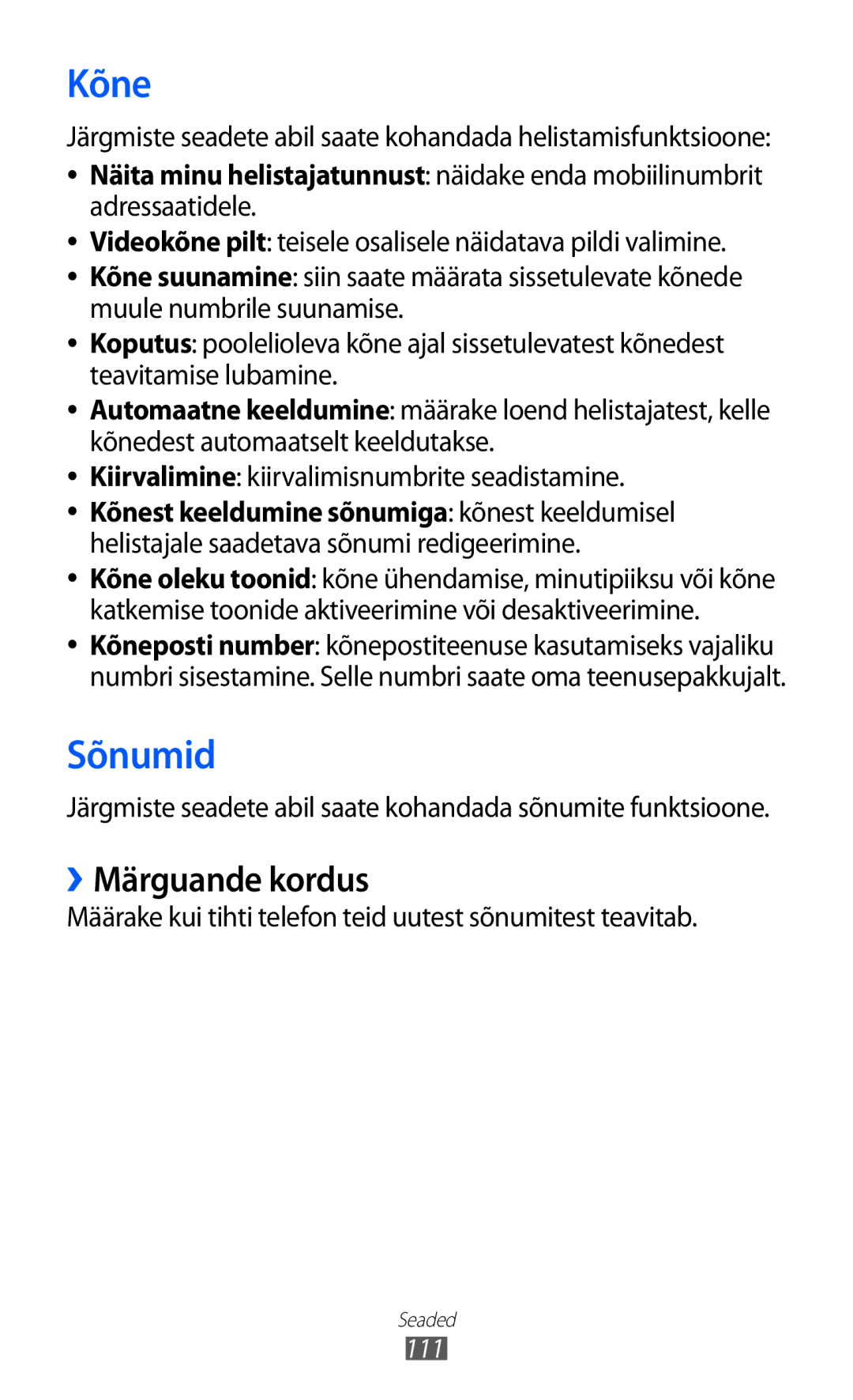 Samsung GT-S7230DWESEB, GT-S7230TAESEB manual Kõne, ››Märguande kordus, Kiirvalimine kiirvalimisnumbrite seadistamine 