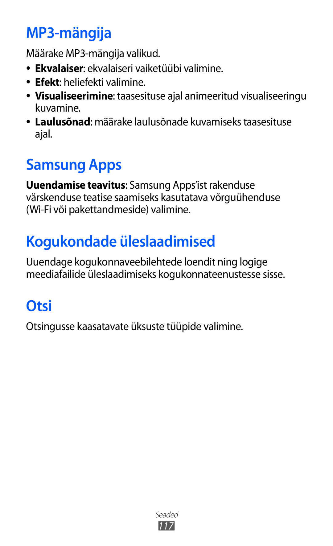 Samsung GT-S7230GRFSEB manual MP3-mängija, Kogukondade üleslaadimised, Otsingusse kaasatavate üksuste tüüpide valimine 