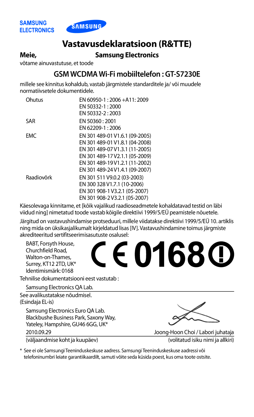 Samsung GT-S7230DWESEB, GT-S7230TAESEB, GT-S7230GRFSEB, GT-S7230GRESEB manual Vastavusdeklaratsioon R&TTE 