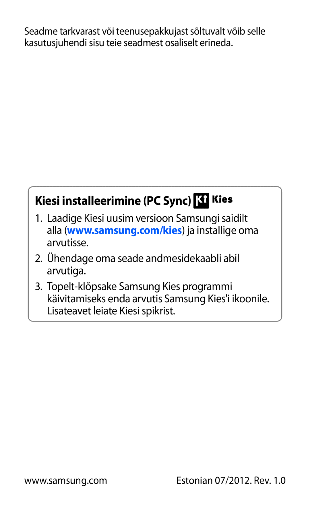 Samsung GT-S7230TAESEB, GT-S7230GRFSEB, GT-S7230GRESEB, GT-S7230DWESEB manual Kiesi installeerimine PC Sync 