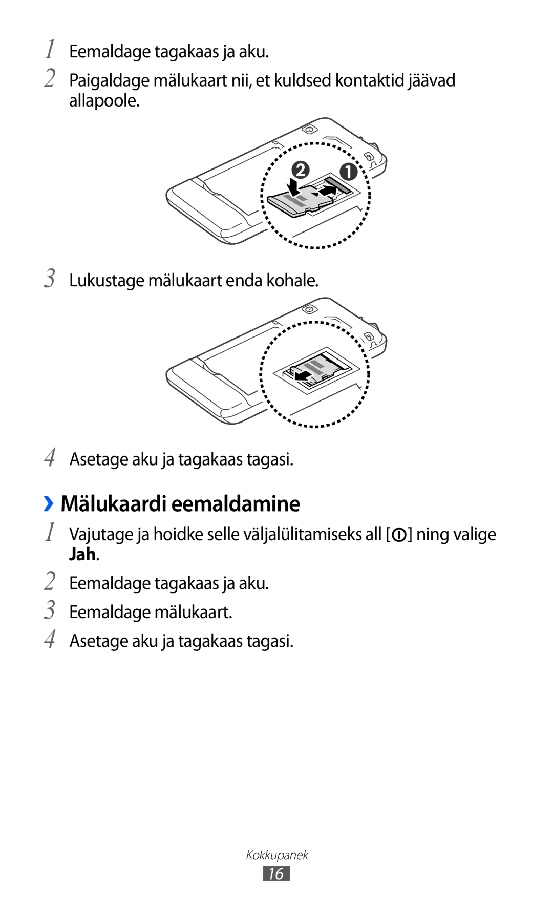 Samsung GT-S7230TAESEB manual ››Mälukaardi eemaldamine, Vajutage ja hoidke selle väljalülitamiseks all ning valige, Jah 