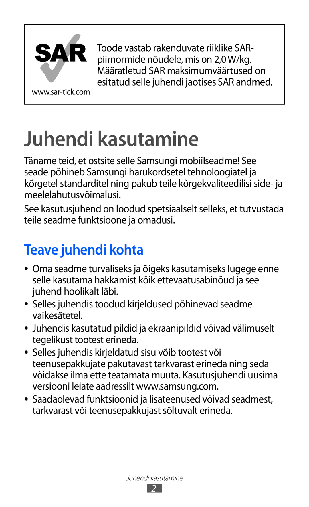 Samsung GT-S7230GRESEB, GT-S7230TAESEB, GT-S7230GRFSEB, GT-S7230DWESEB manual Juhendi kasutamine, Teave juhendi kohta 