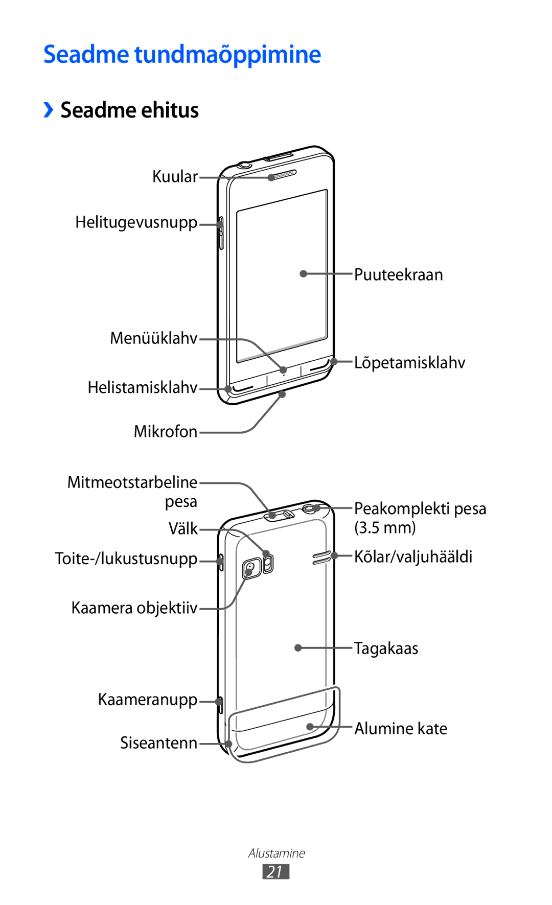 Samsung GT-S7230GRFSEB, GT-S7230TAESEB, GT-S7230GRESEB, GT-S7230DWESEB manual Seadme tundmaõppimine, ››Seadme ehitus 