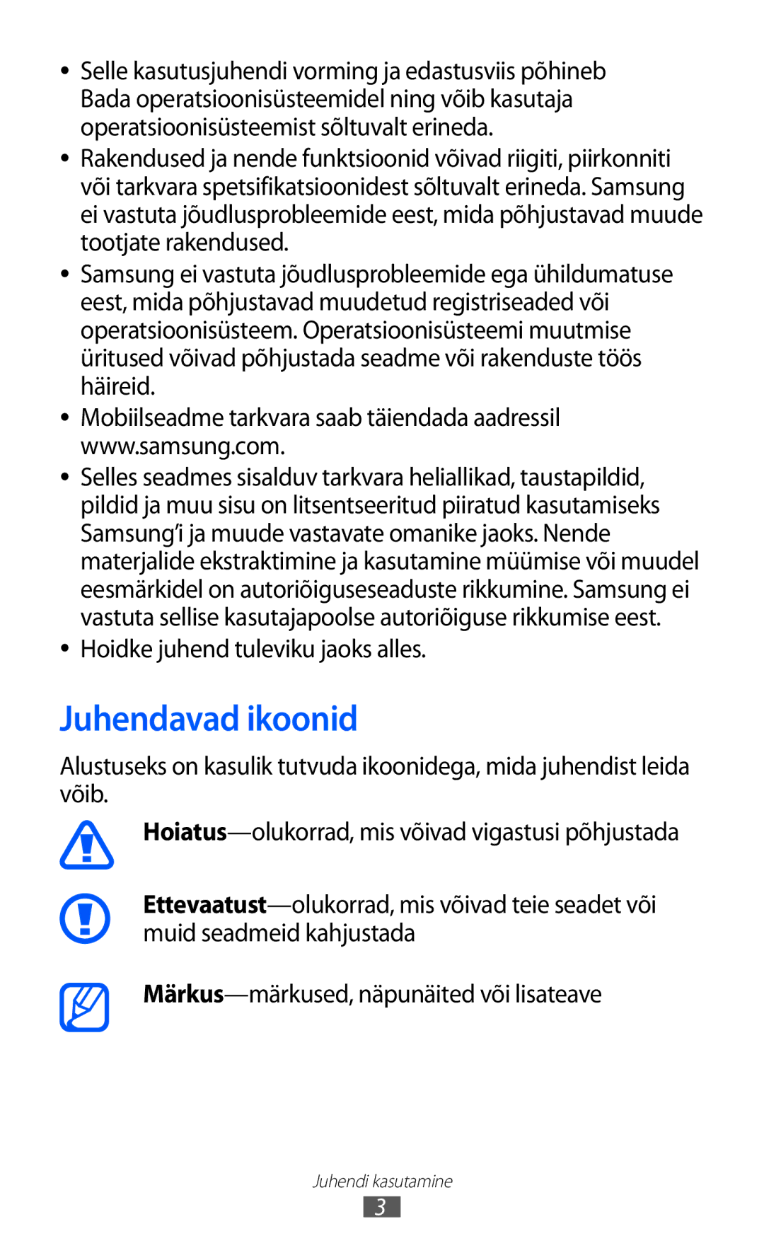 Samsung GT-S7230DWESEB, GT-S7230TAESEB, GT-S7230GRFSEB manual Juhendavad ikoonid, Hoidke juhend tuleviku jaoks alles 