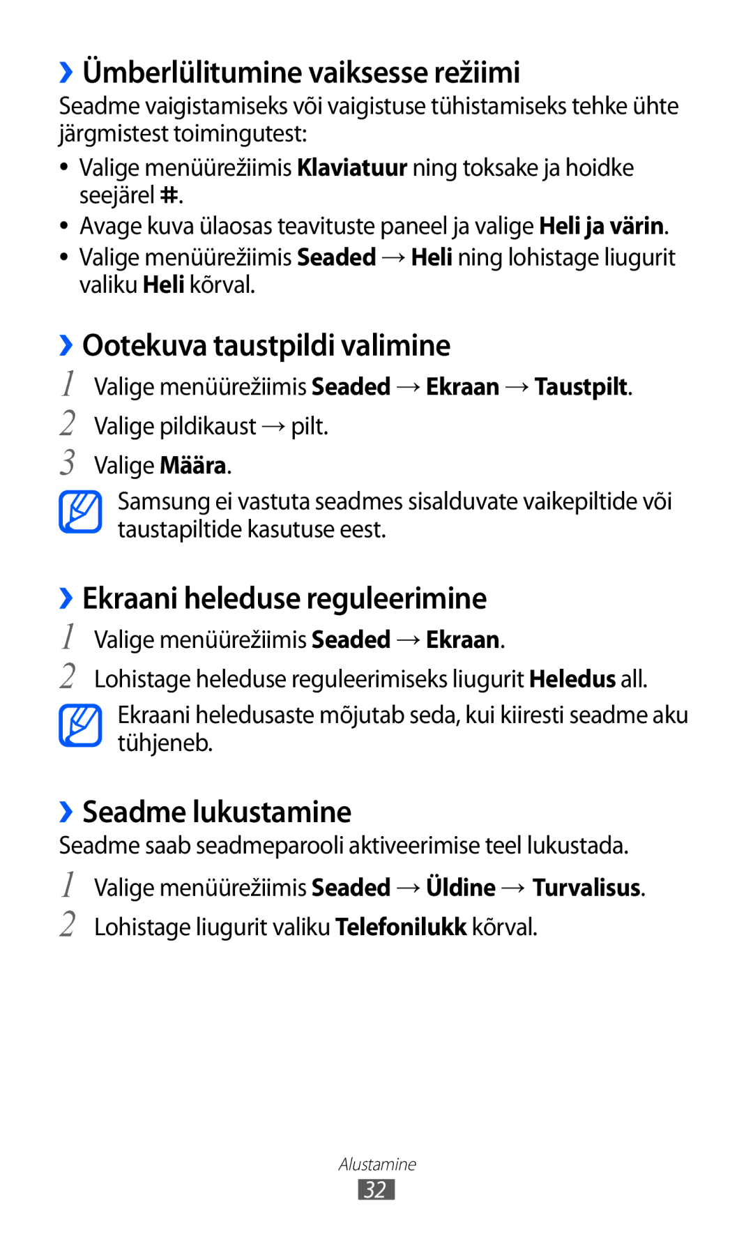 Samsung GT-S7230TAESEB manual ››Ümberlülitumine vaiksesse režiimi, ››Ootekuva taustpildi valimine, ››Seadme lukustamine 