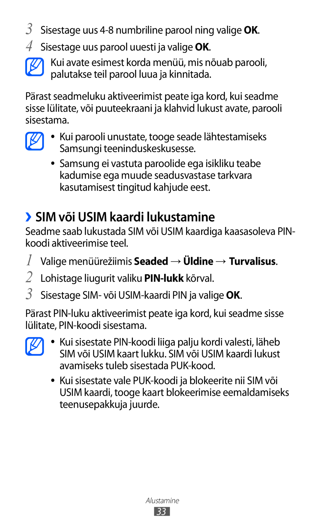 Samsung GT-S7230GRFSEB, GT-S7230TAESEB, GT-S7230GRESEB, GT-S7230DWESEB manual ››SIM või Usim kaardi lukustamine 