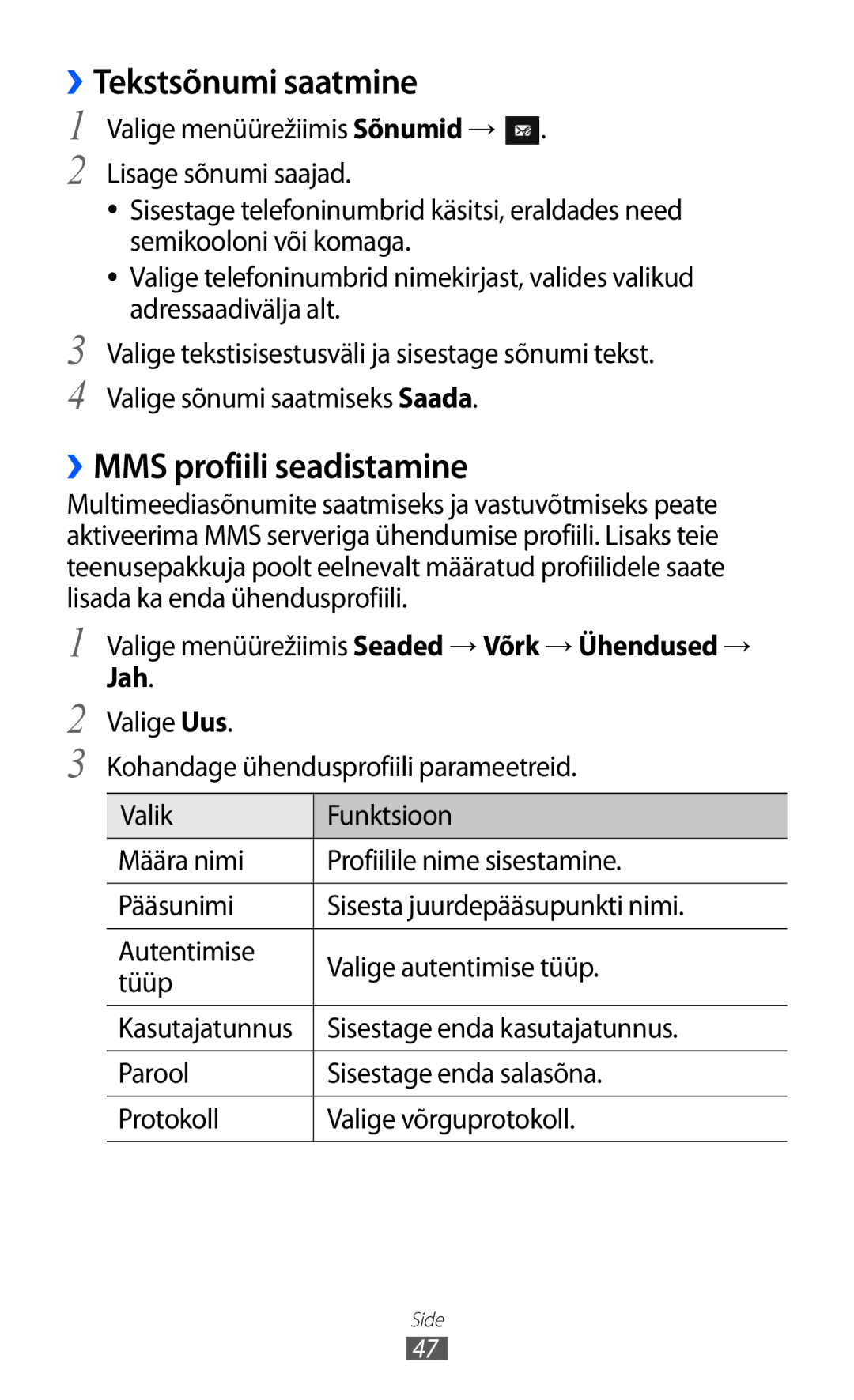 Samsung GT-S7230DWESEB, GT-S7230TAESEB, GT-S7230GRFSEB, GT-S7230GRESEB ››Tekstsõnumi saatmine, ››MMS profiili seadistamine 