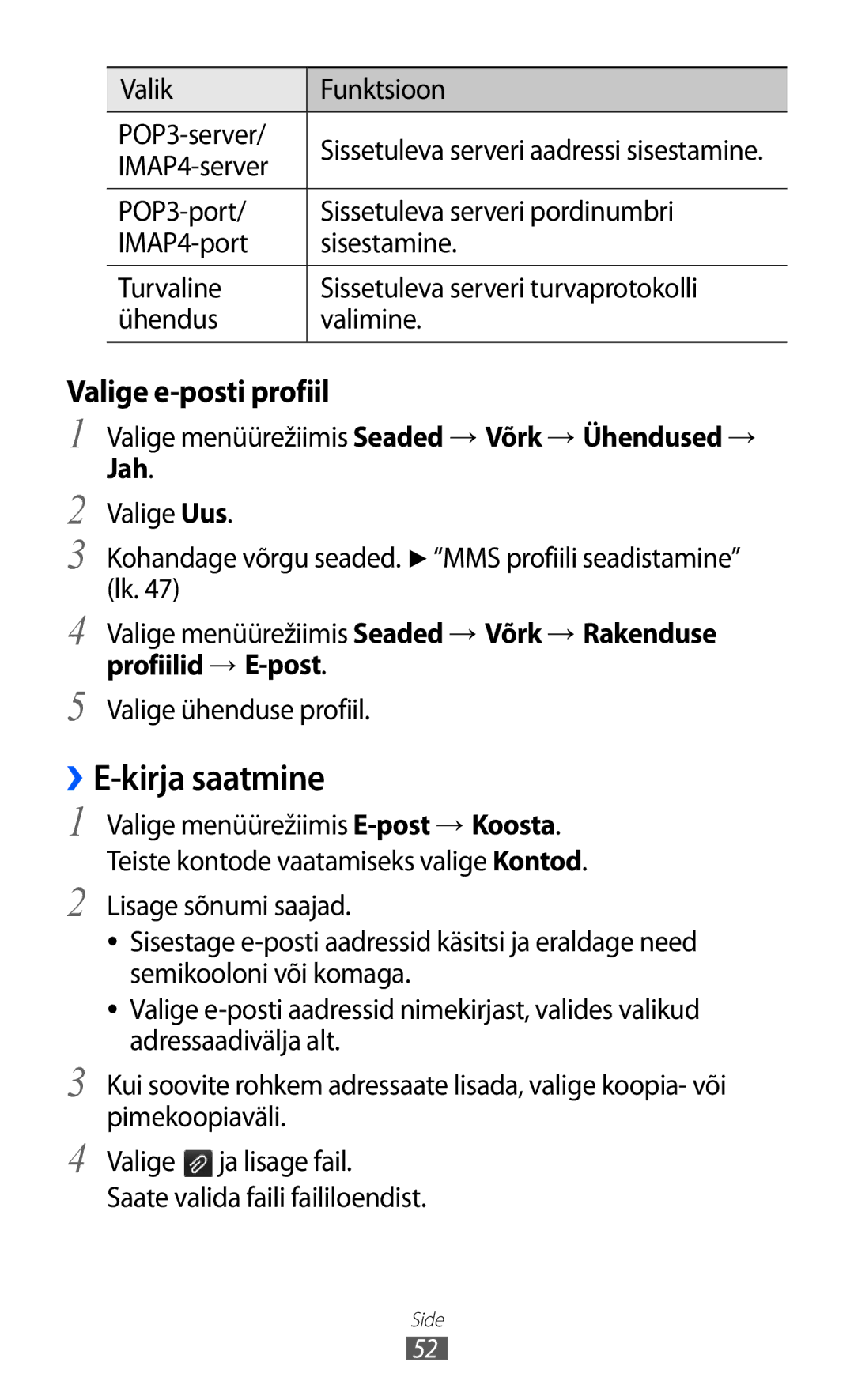 Samsung GT-S7230TAESEB manual ››E-kirja saatmine, Valige e-posti profiil, Valik Funktsioon POP3-server, IMAP4-server 