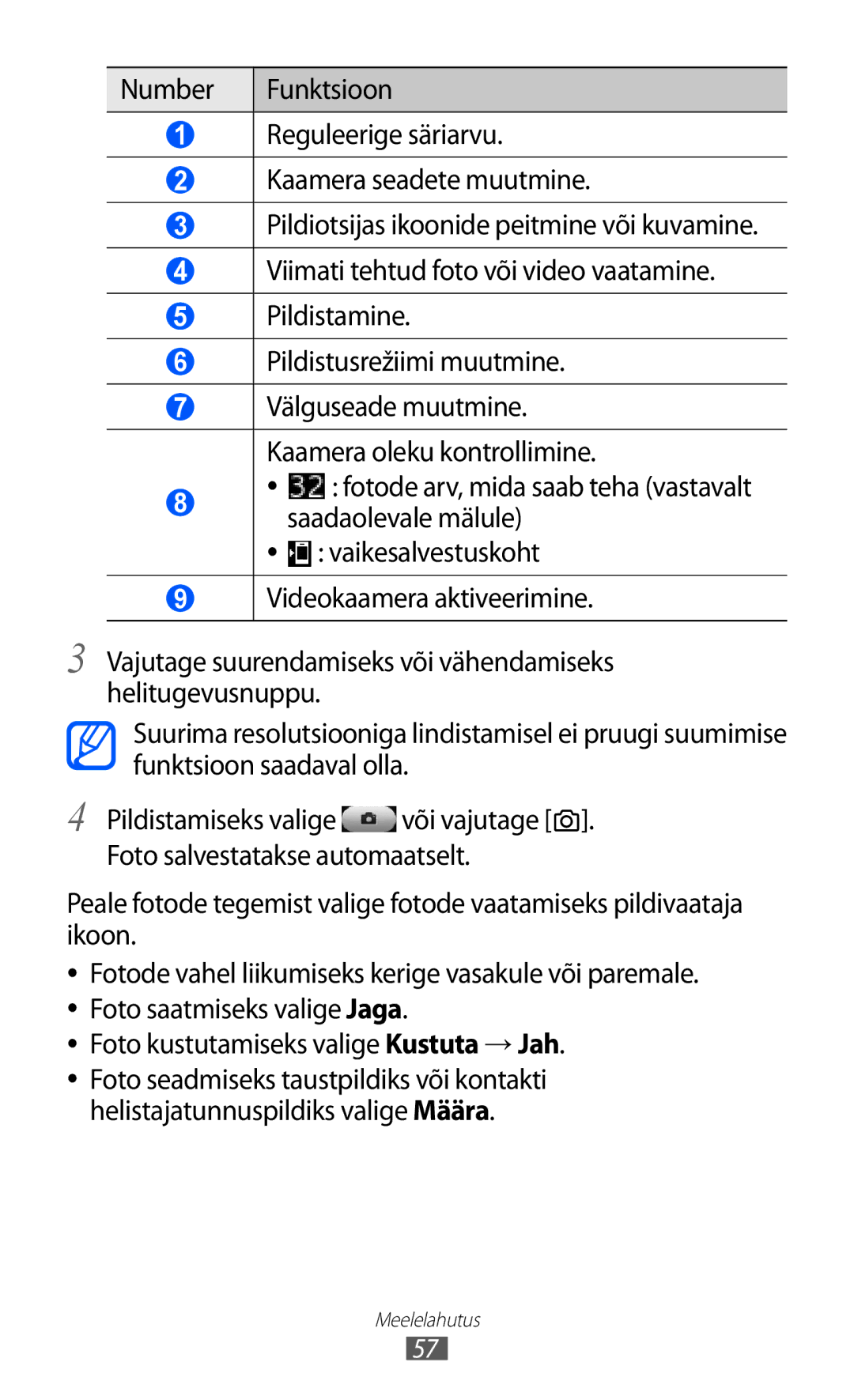 Samsung GT-S7230GRFSEB, GT-S7230TAESEB, GT-S7230GRESEB, GT-S7230DWESEB manual Välguseade muutmine. Kaamera oleku kontrollimine 